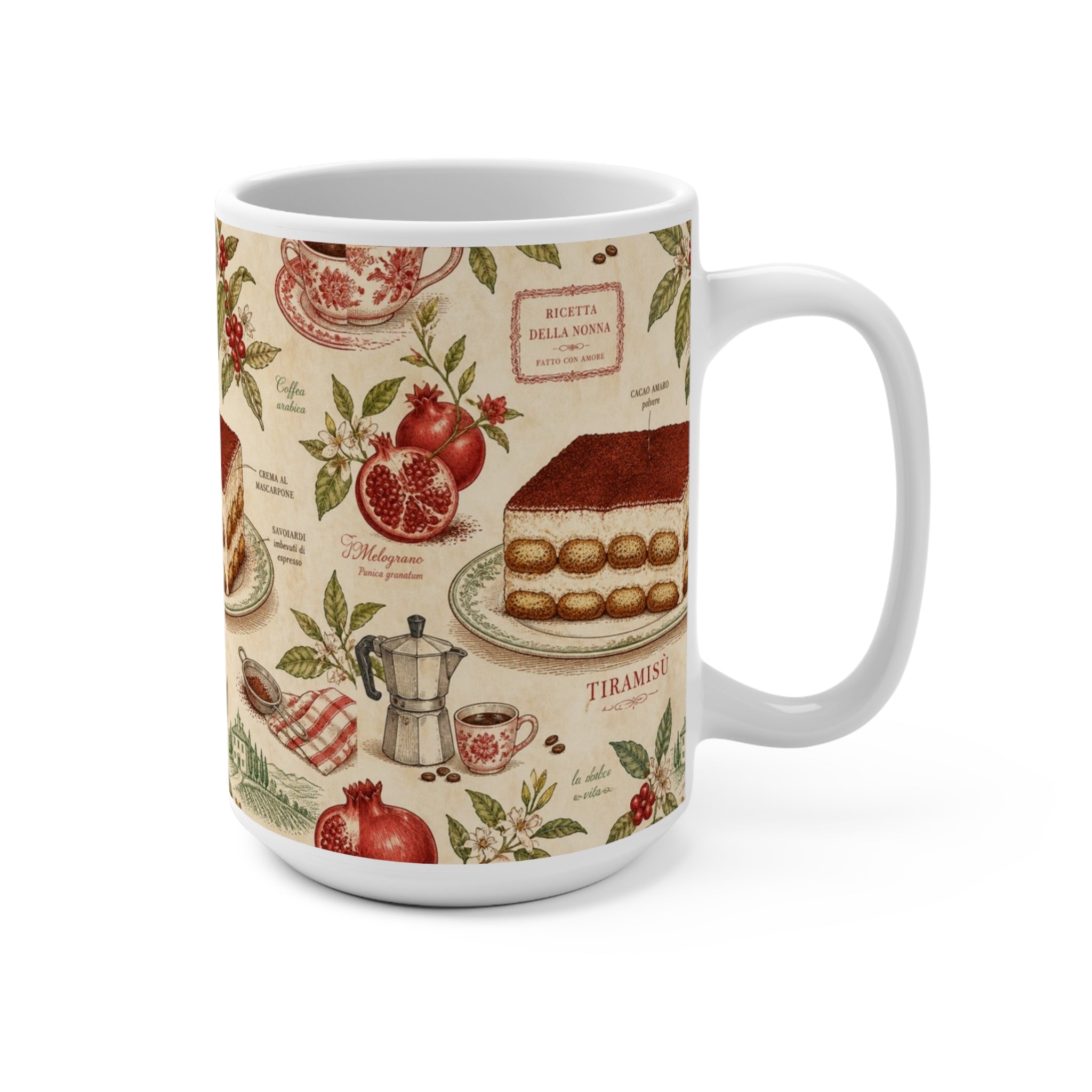 Tiramisu Layers 15oz Ceramic Mug Mediterranean Kitchen Botanical Design Italian Cottagecore Gift