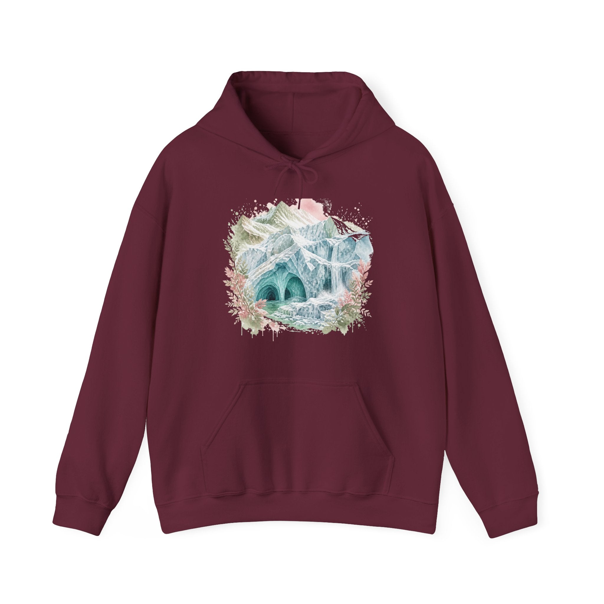 Matching Couple Sweatshirt - Volcano & Glacier Matching Couple Hooded Sweatshirt Watercolor Art His Hers Engagement Gift - Design B