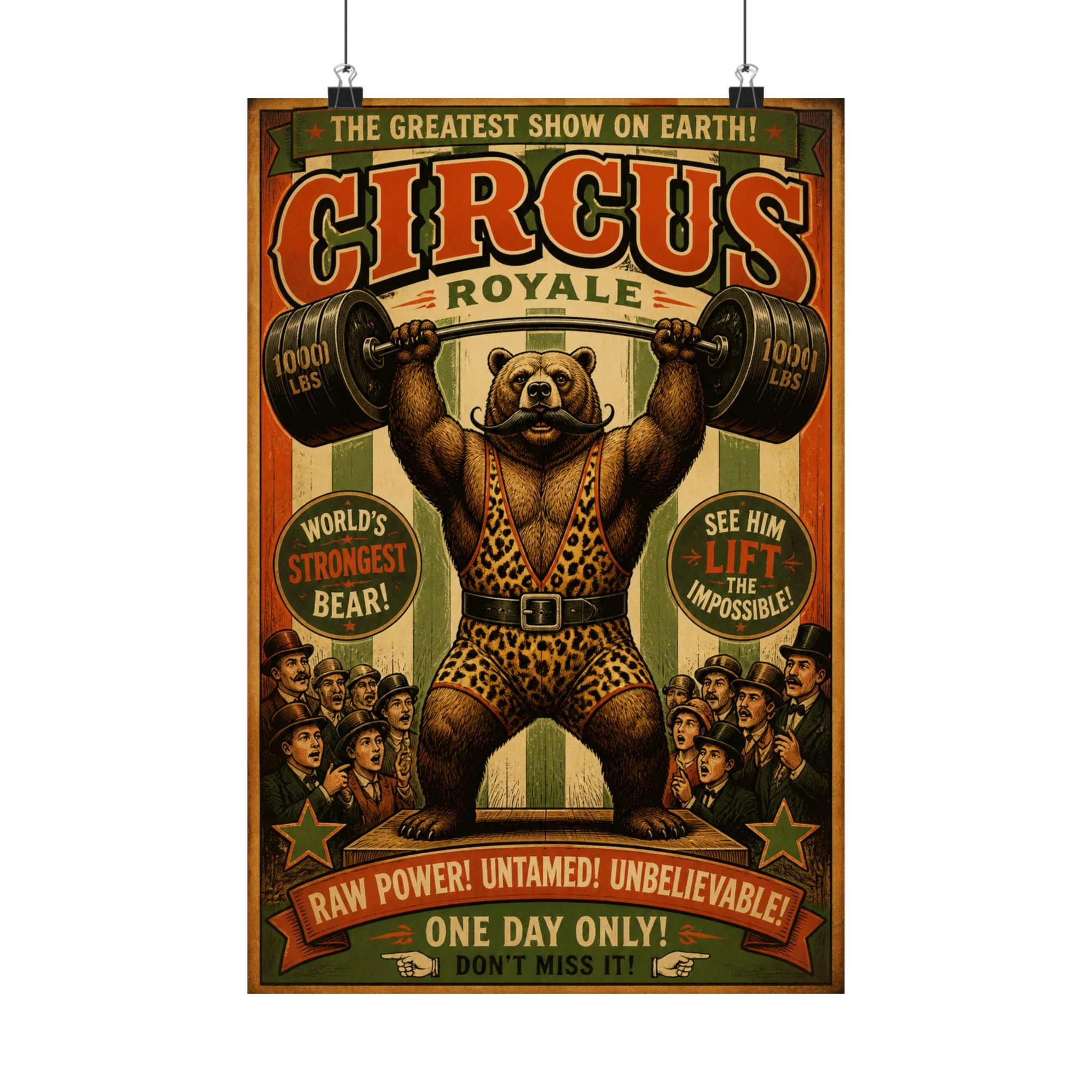 Strongman Bear Wall Art Poster 24×36 Vintage Circus Bedroom Decor Maximalist Print