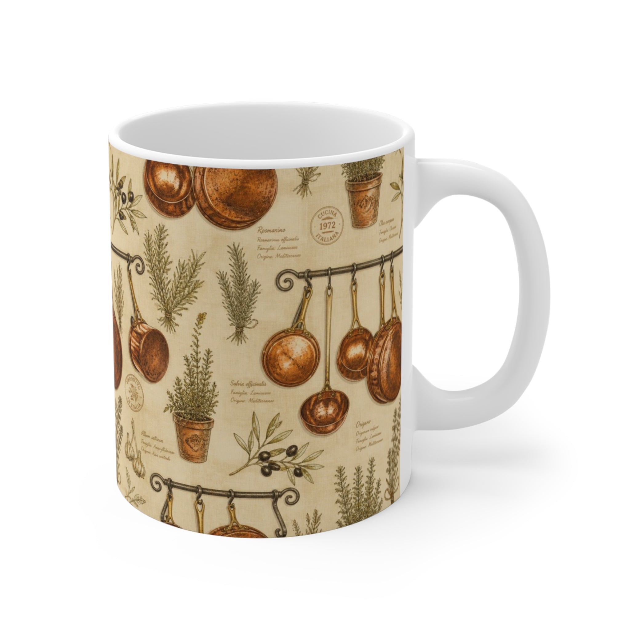 Copper Cookware 11oz Ceramic Mug Mediterranean Kitchen Botanical Design Italian Cottagecore Gift