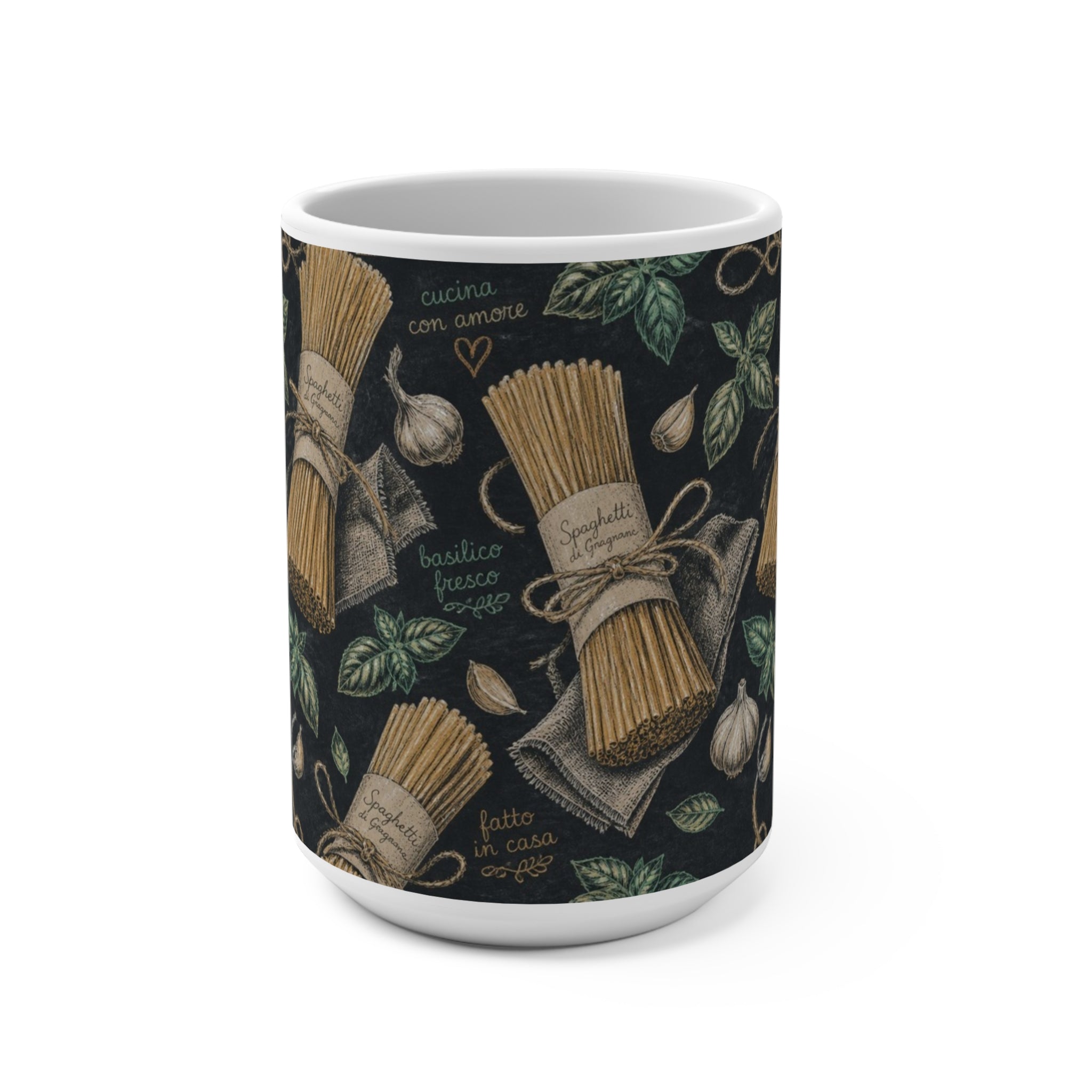 Spaghetti Bundle 15oz Ceramic Mug Mediterranean Kitchen Chalk Art Design Italian Cottagecore Gift