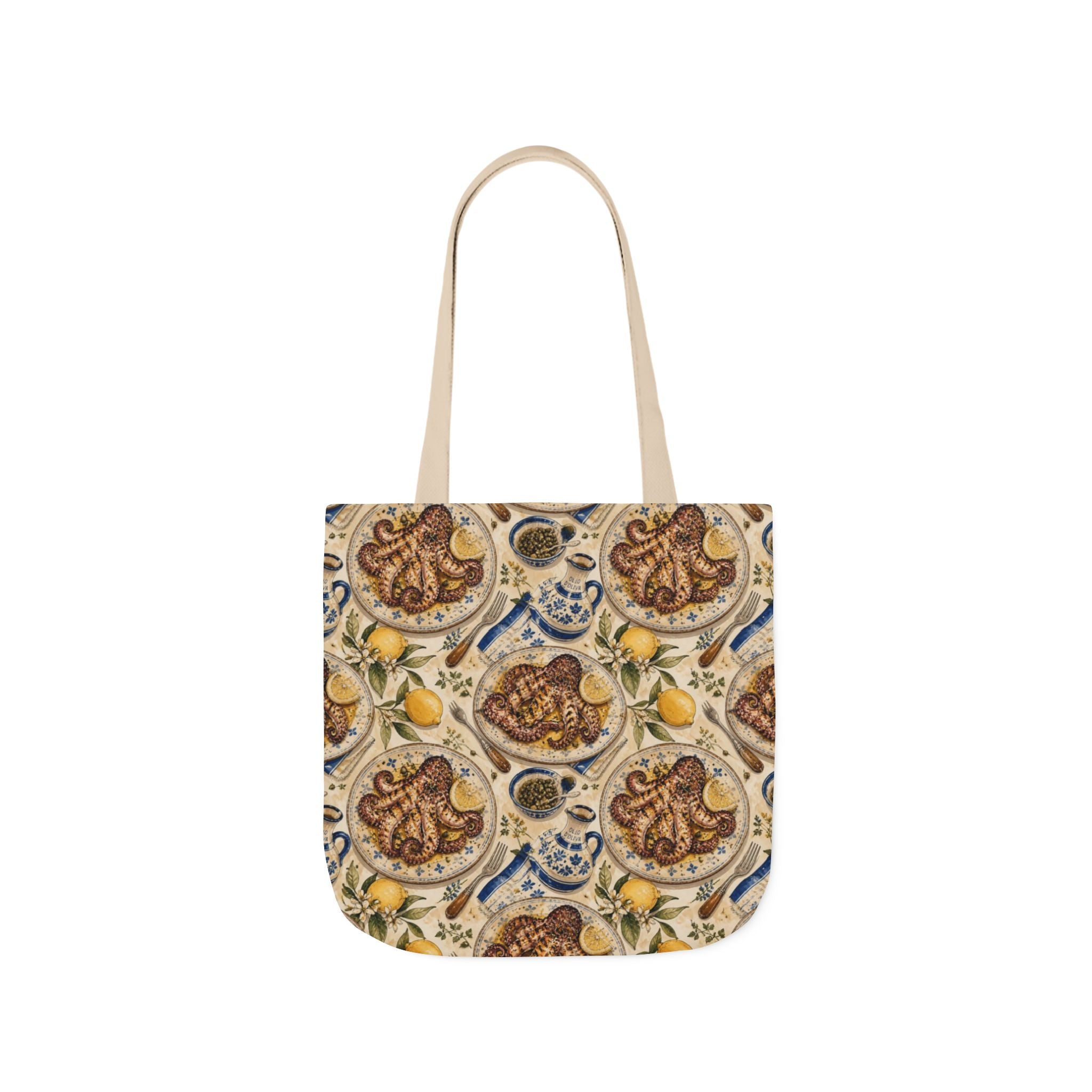 Grilled Octopus Canvas Tote Bag Mediterranean Kitchen Watercolor Design Italian Cottagecore Gift
