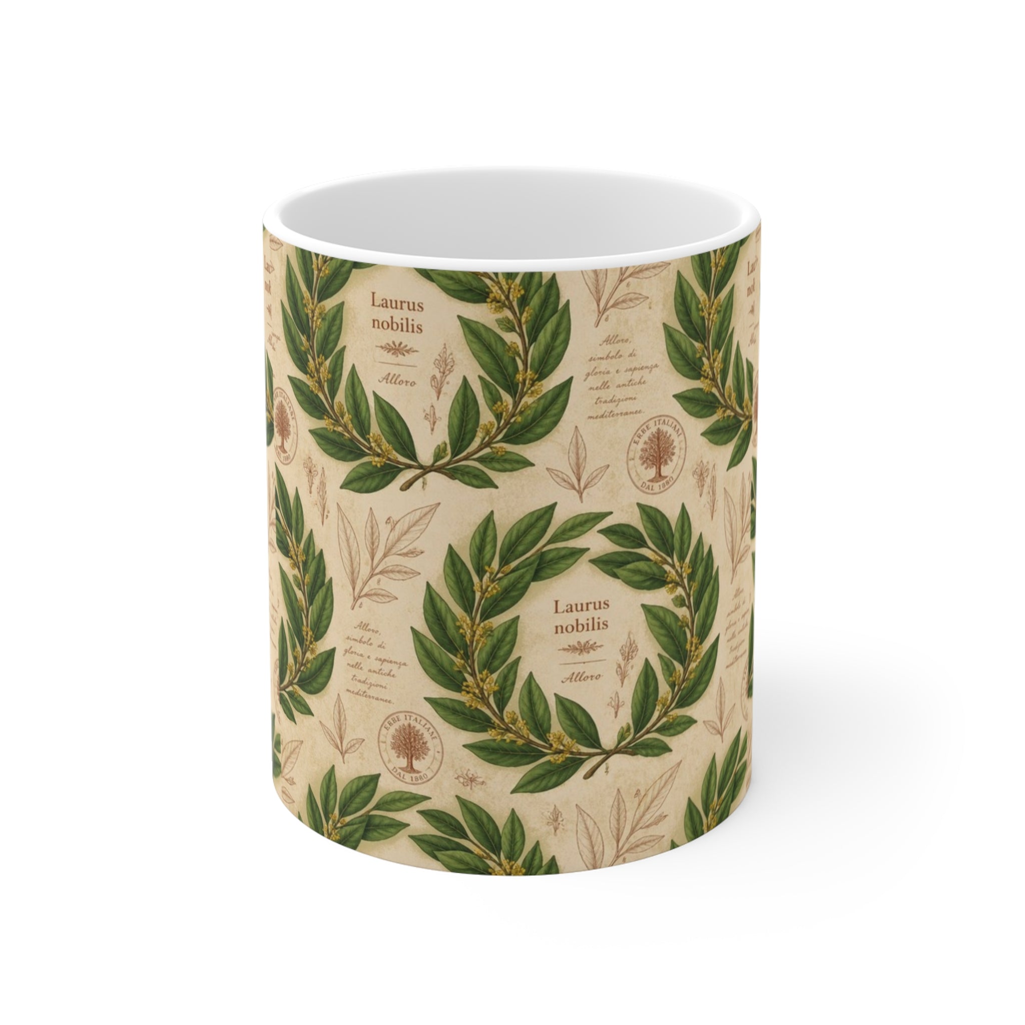 Bay Laurel Wreath 11oz Ceramic Mug Mediterranean Kitchen Botanical Design Italian Cottagecore Gift