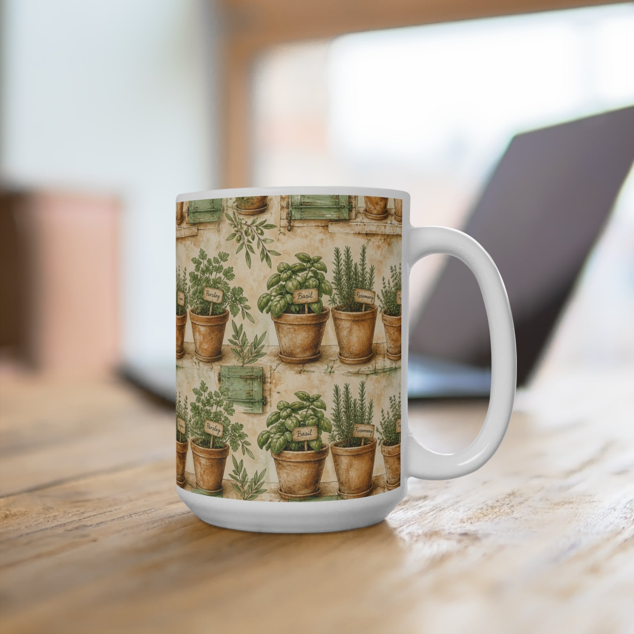 Terracotta Herb Pots 15oz Ceramic Mug Mediterranean Kitchen Watercolor Design Italian Cottagecore Gift