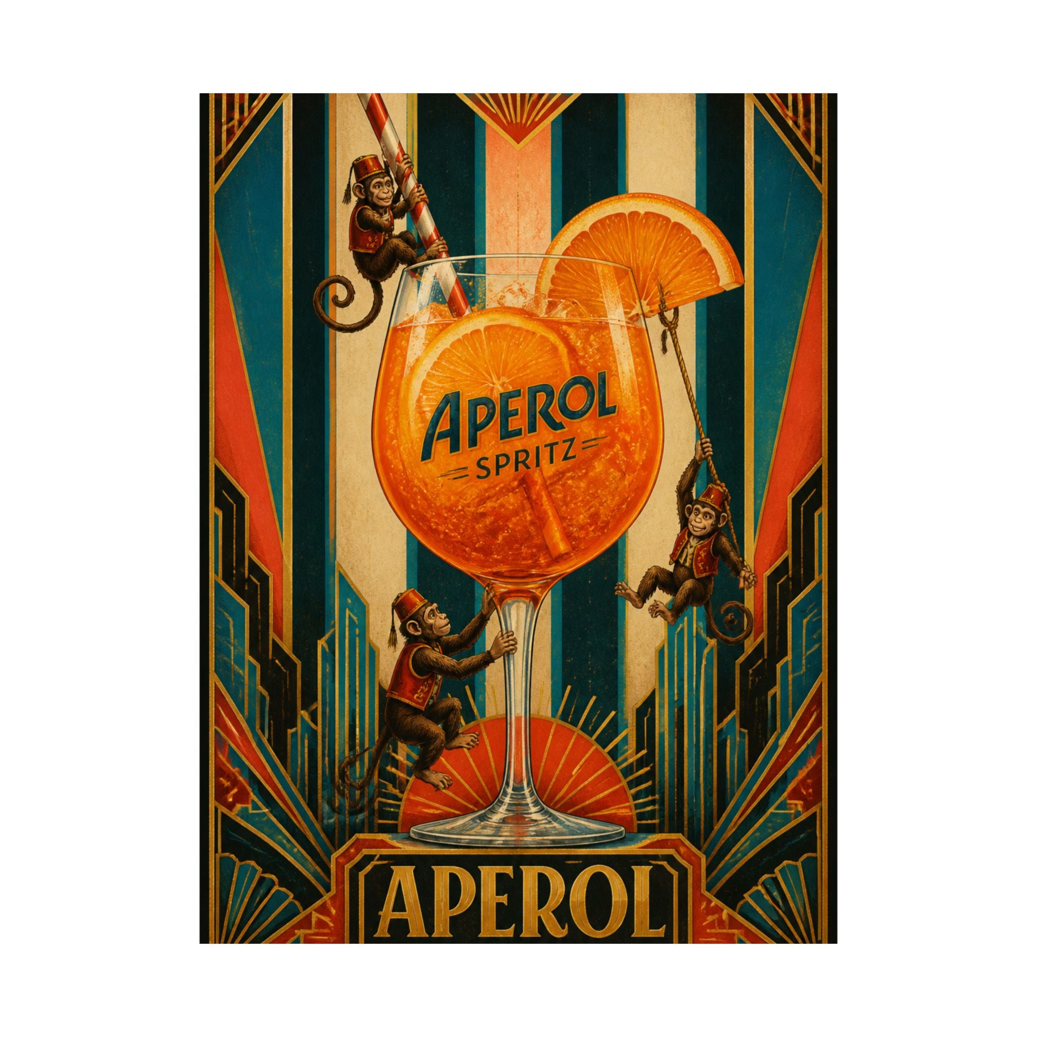 Aperol Spritz Monkeys Wall Art Poster 24×36 Art Deco Bar Area Decor Maximalist Print