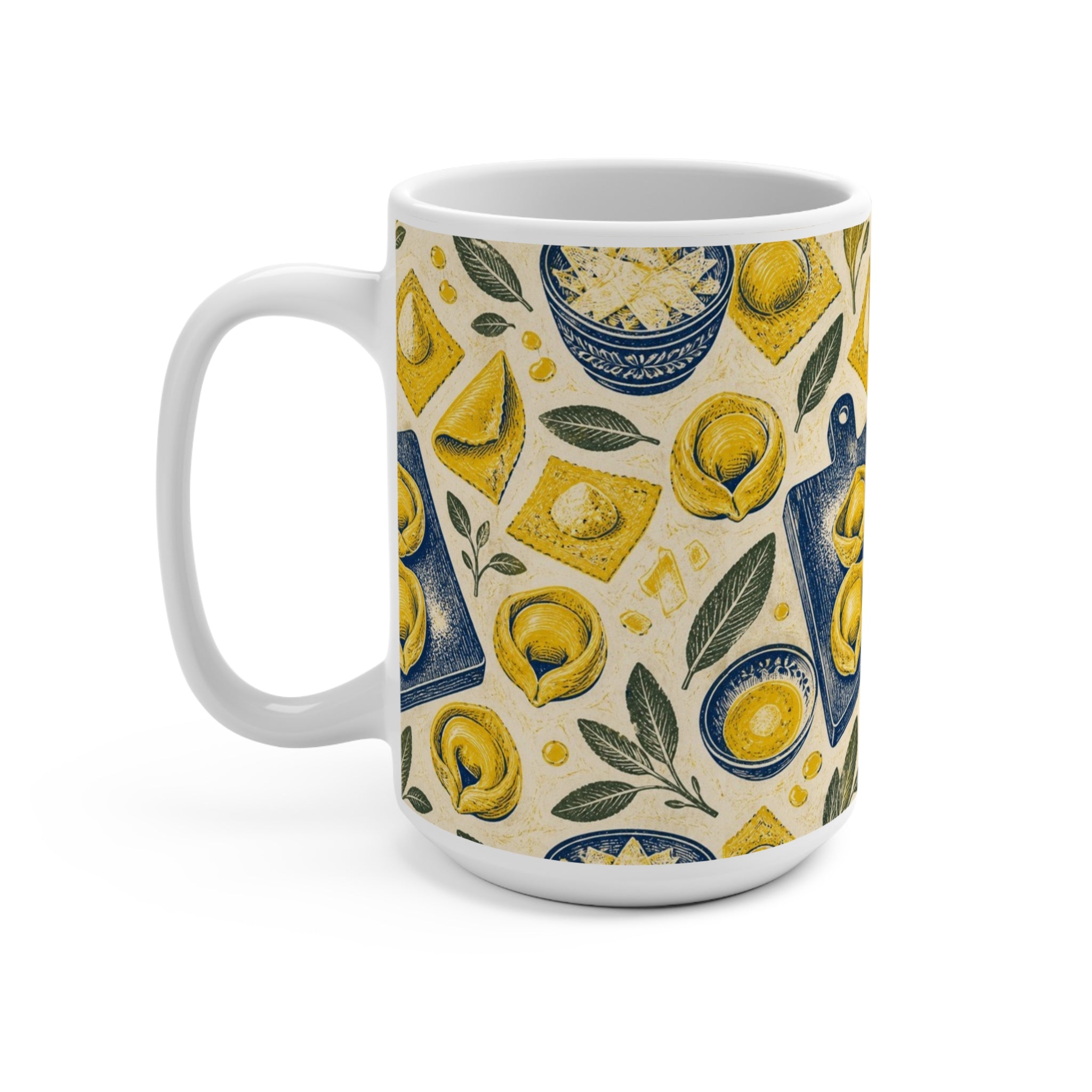 Tortellini with Sage 15oz Ceramic Mug Mediterranean Kitchen Linocut Design Italian Cottagecore Gift
