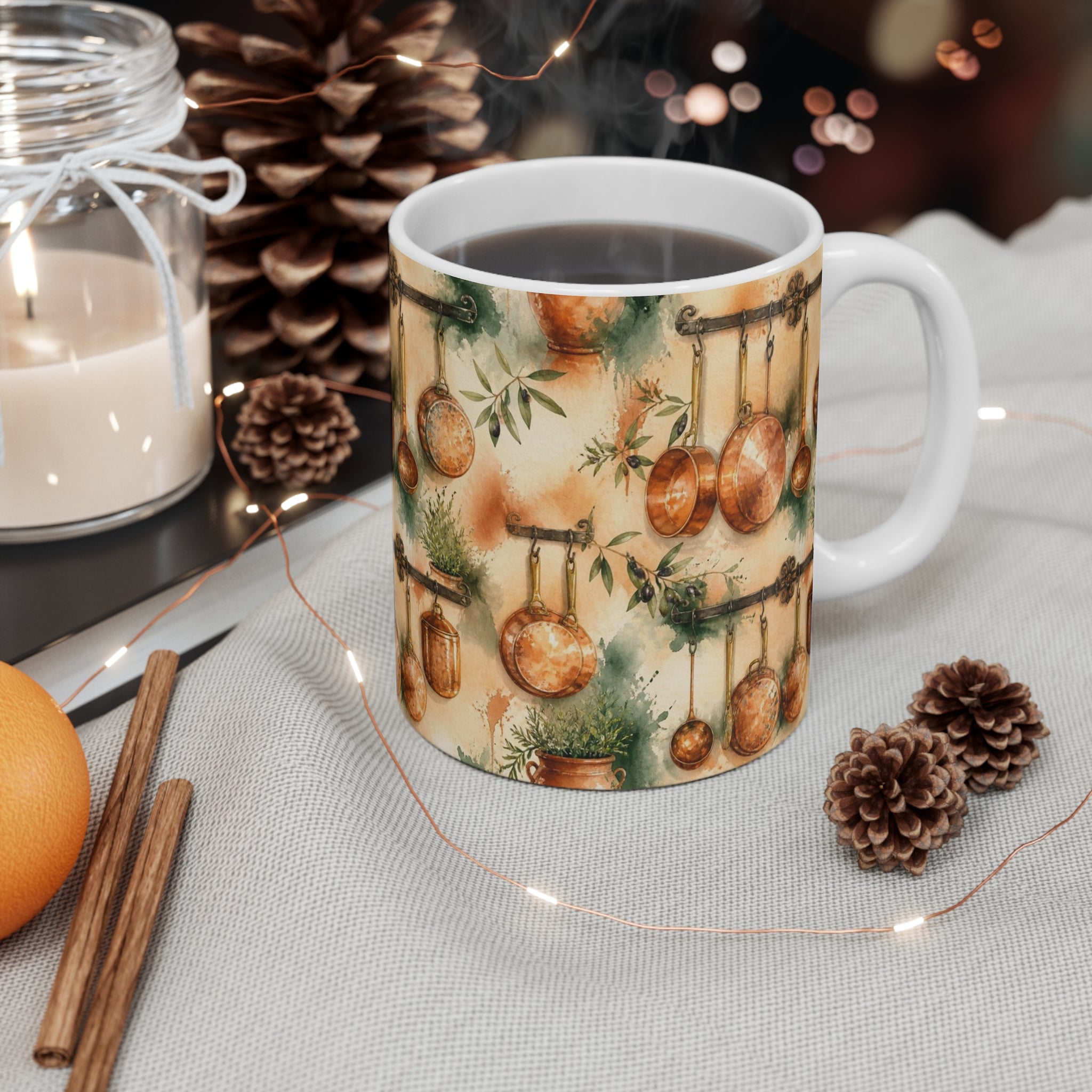 Copper Cookware 11oz Ceramic Mug Mediterranean Kitchen Watercolor Splash Design Italian Cottagecore Gift
