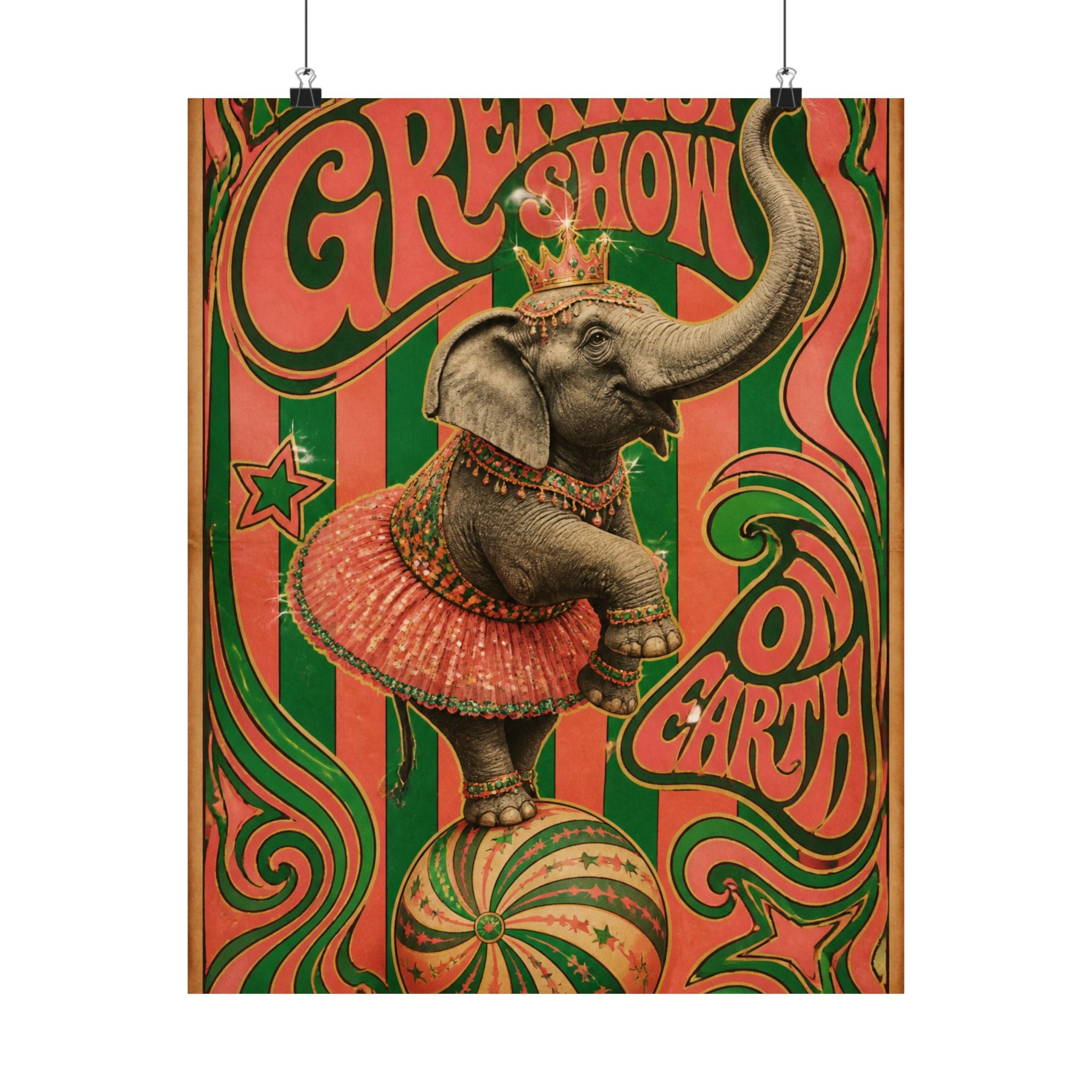 Elephant on Ball Wall Art Poster 24×36 Psychedelic Dining Room Decor Maximalist Print