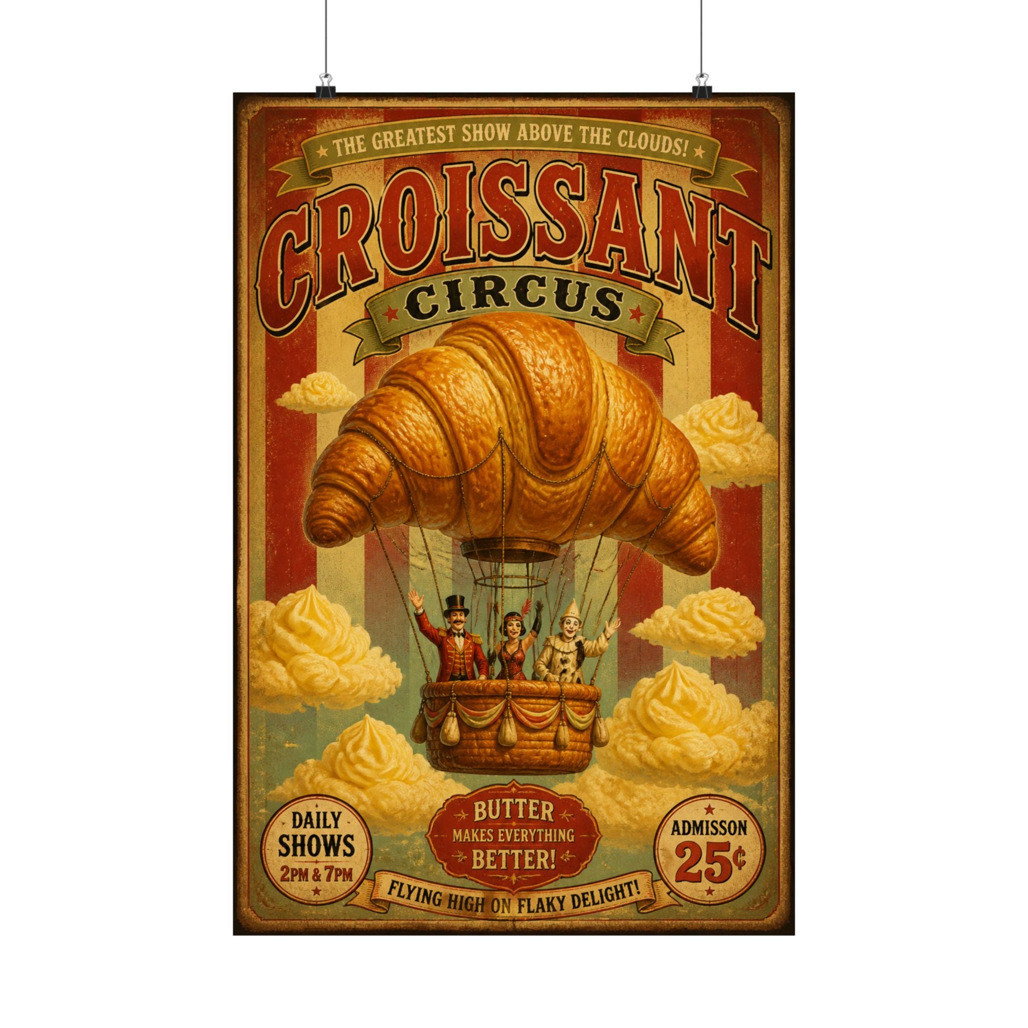 Croissant Hot Air Balloon Wall Art Poster 24×36 Vintage Circus Bedroom Decor Maximalist Print