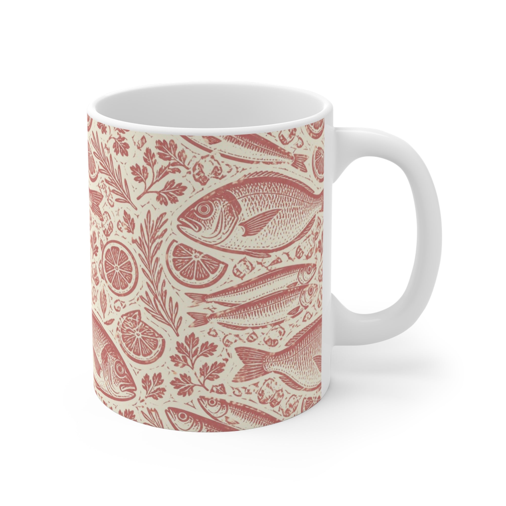 Mediterranean Fish 11oz Ceramic Mug Mediterranean Kitchen Linocut Design Italian Cottagecore Gift