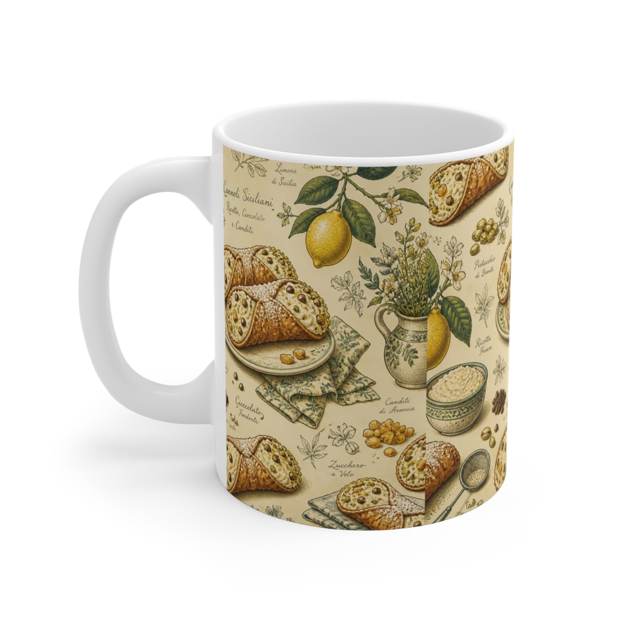 Sicilian Cannoli 11oz Ceramic Mug Mediterranean Kitchen Botanical Design Italian Cottagecore Gift