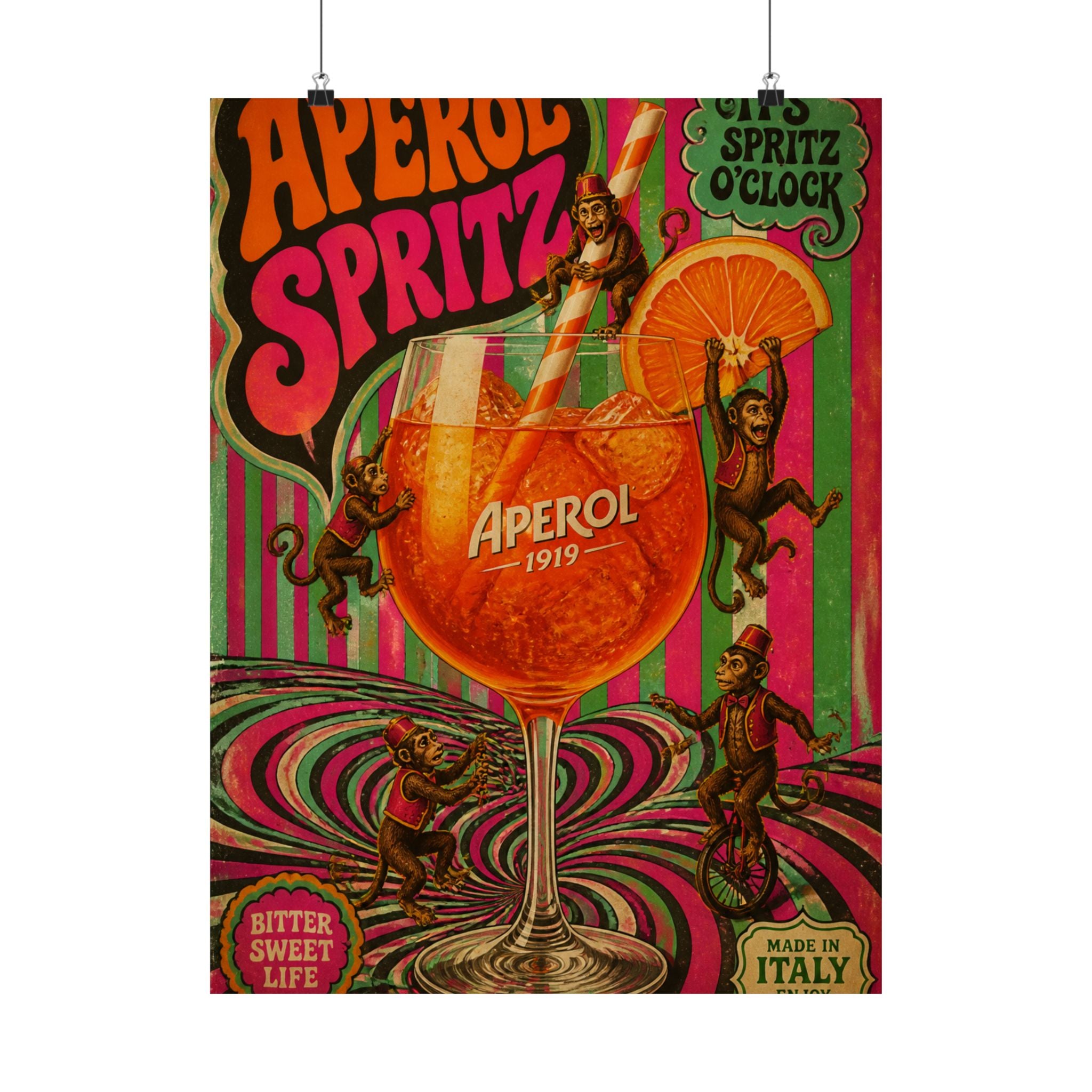 Aperol Spritz Monkeys Wall Art Poster 24×36 Psychedelic Dining Room Decor Maximalist Print