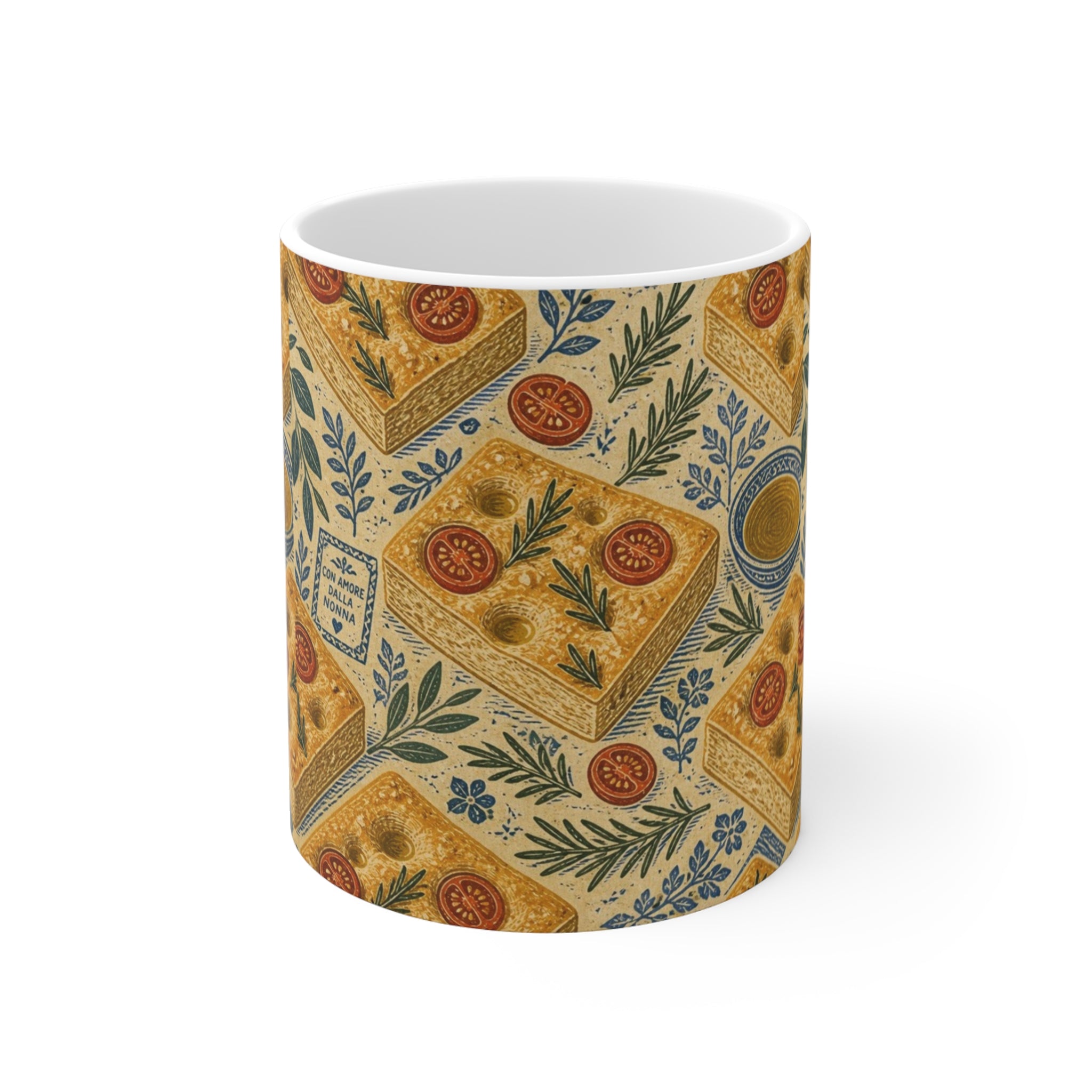 Focaccia Bread 11oz Ceramic Mug Mediterranean Kitchen Linocut Design Italian Cottagecore Gift