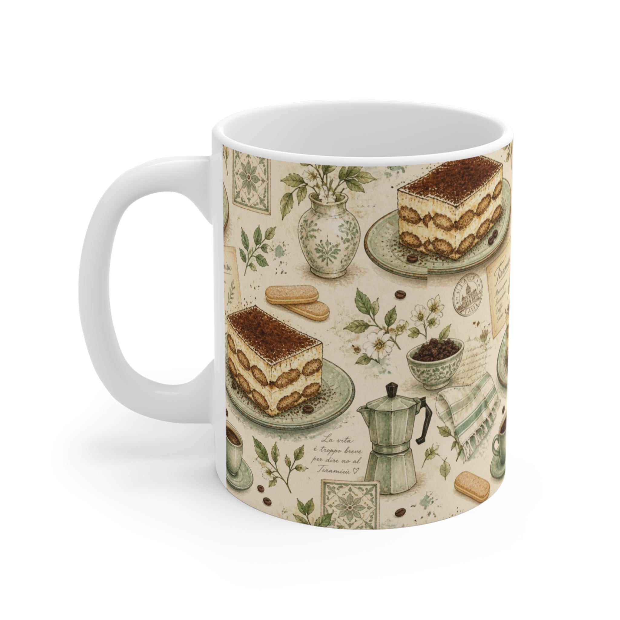 Tiramisu Layers 11oz Ceramic Mug Mediterranean Kitchen Watercolor Design Italian Cottagecore Gift
