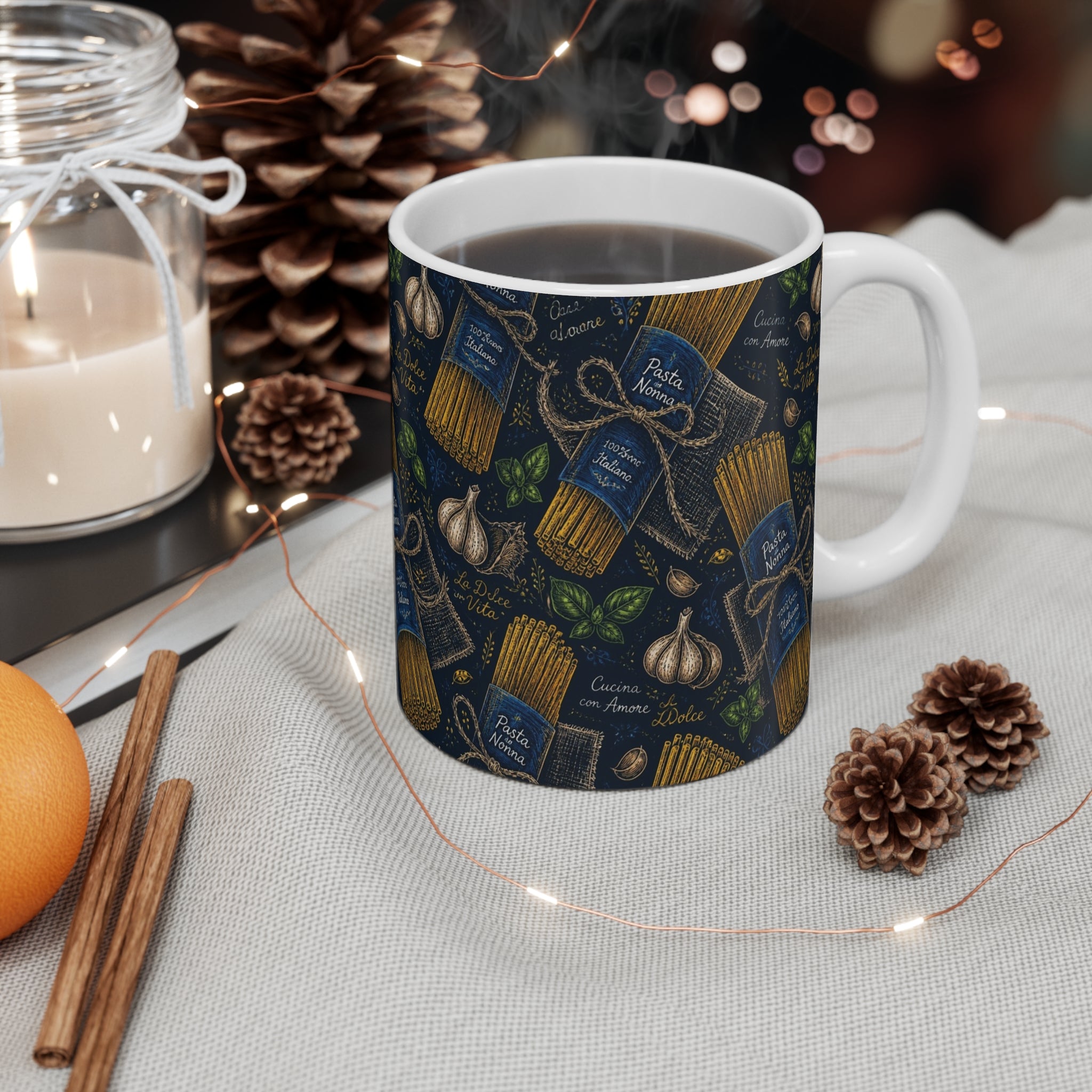 Spaghetti Bundle 11oz Ceramic Mug Mediterranean Kitchen Chalk Art Design Italian Cottagecore Gift