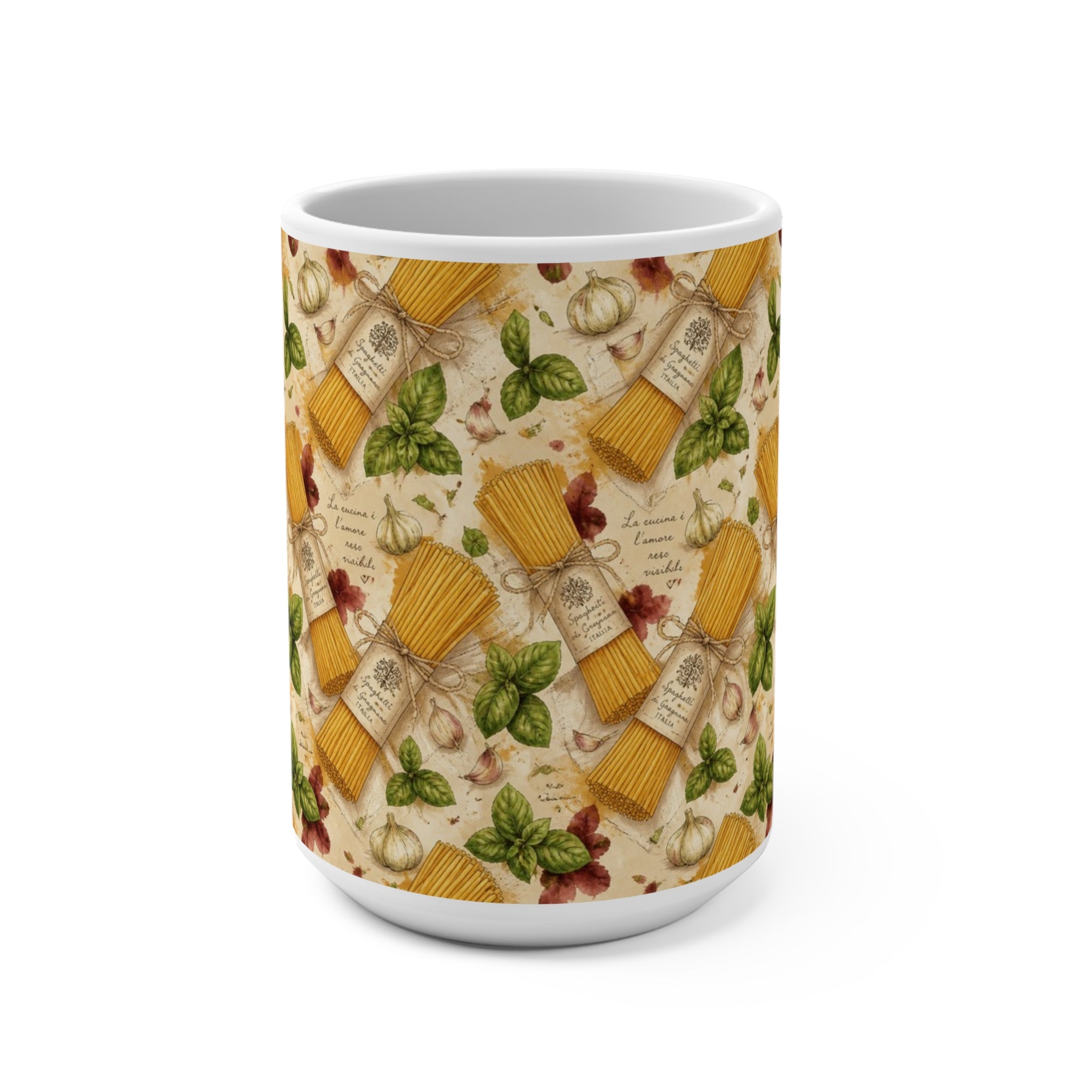 Spaghetti Bundle 15oz Ceramic Mug Mediterranean Kitchen Watercolor Design Italian Cottagecore Gift