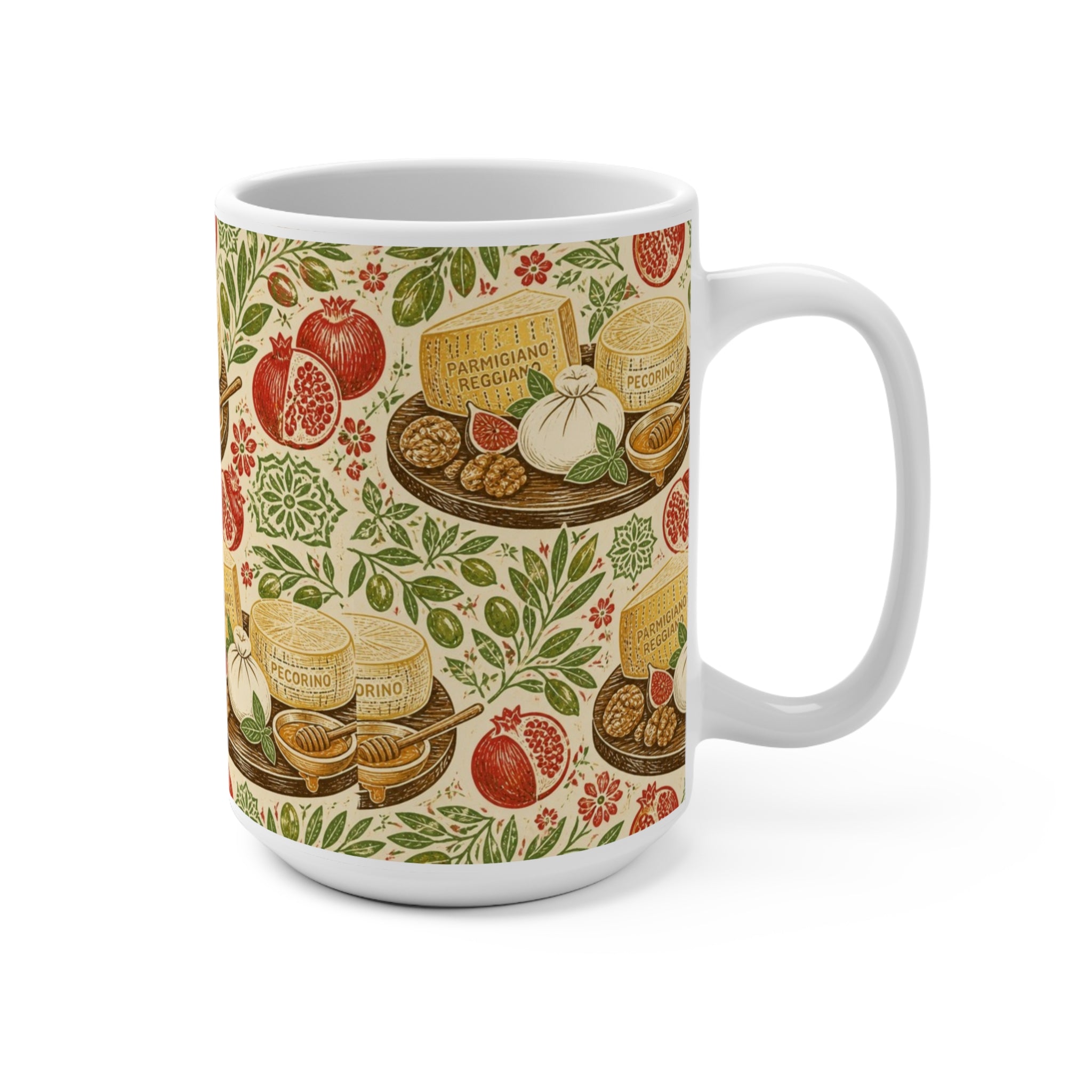 Italian Cheese Board 15oz Ceramic Mug Mediterranean Kitchen Linocut Design Italian Cottagecore Gift