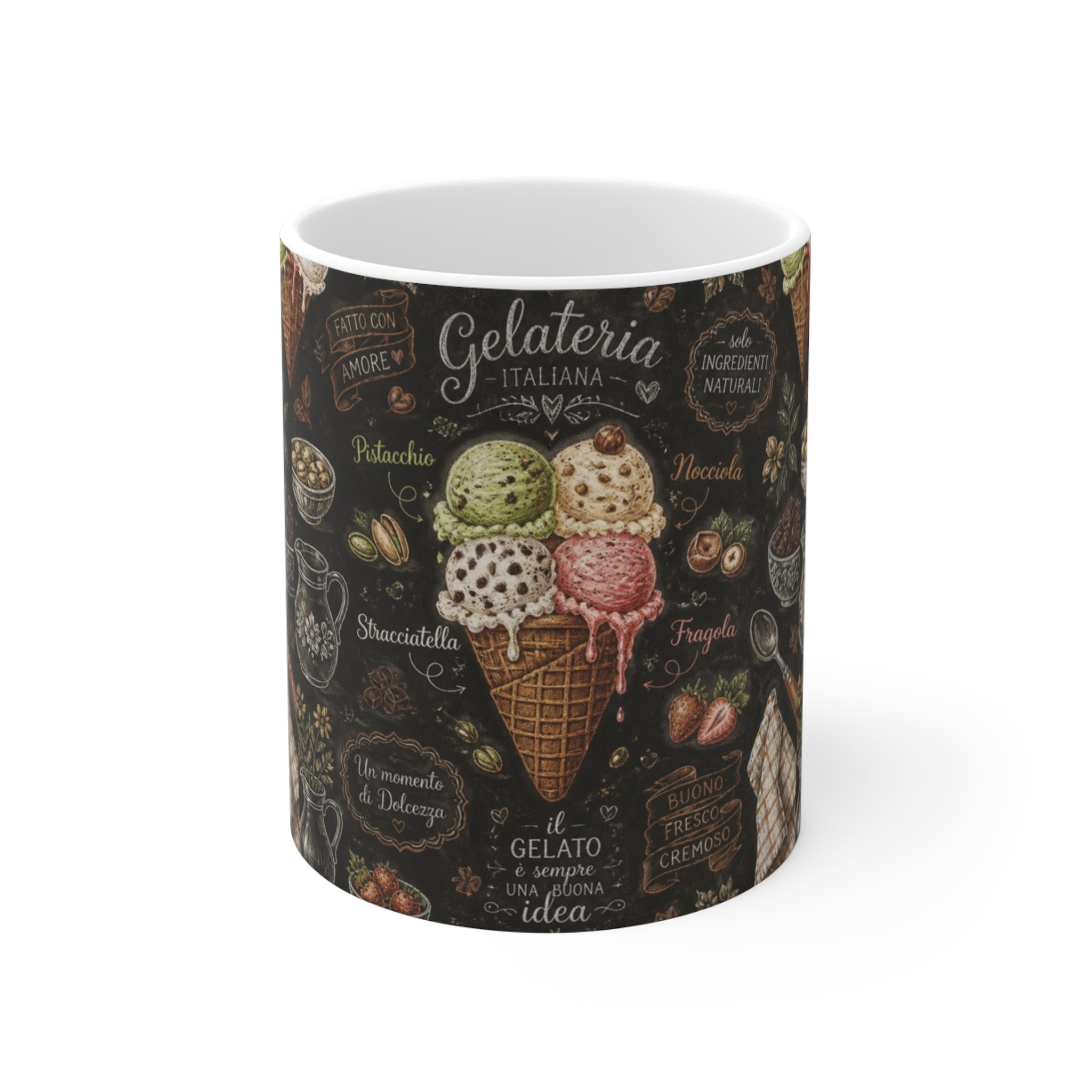 Gelato Scoops 11oz Ceramic Mug Mediterranean Kitchen Chalk Art Design Italian Cottagecore Gift