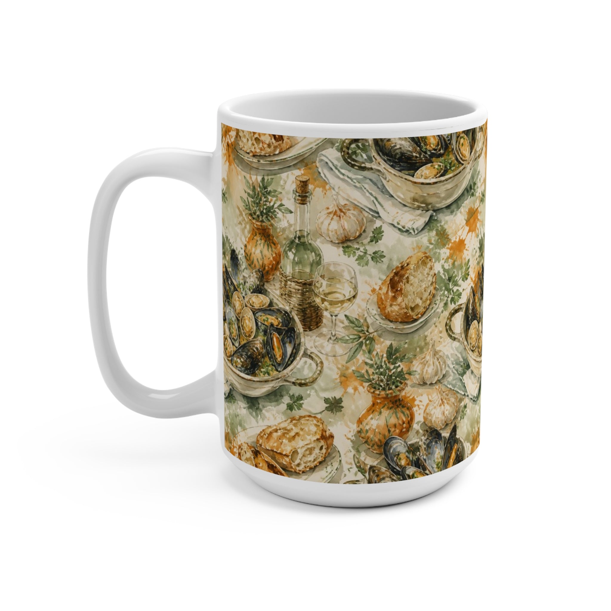Mussels & Clams 15oz Ceramic Mug Mediterranean Kitchen Watercolor Splash Design Italian Cottagecore Gift