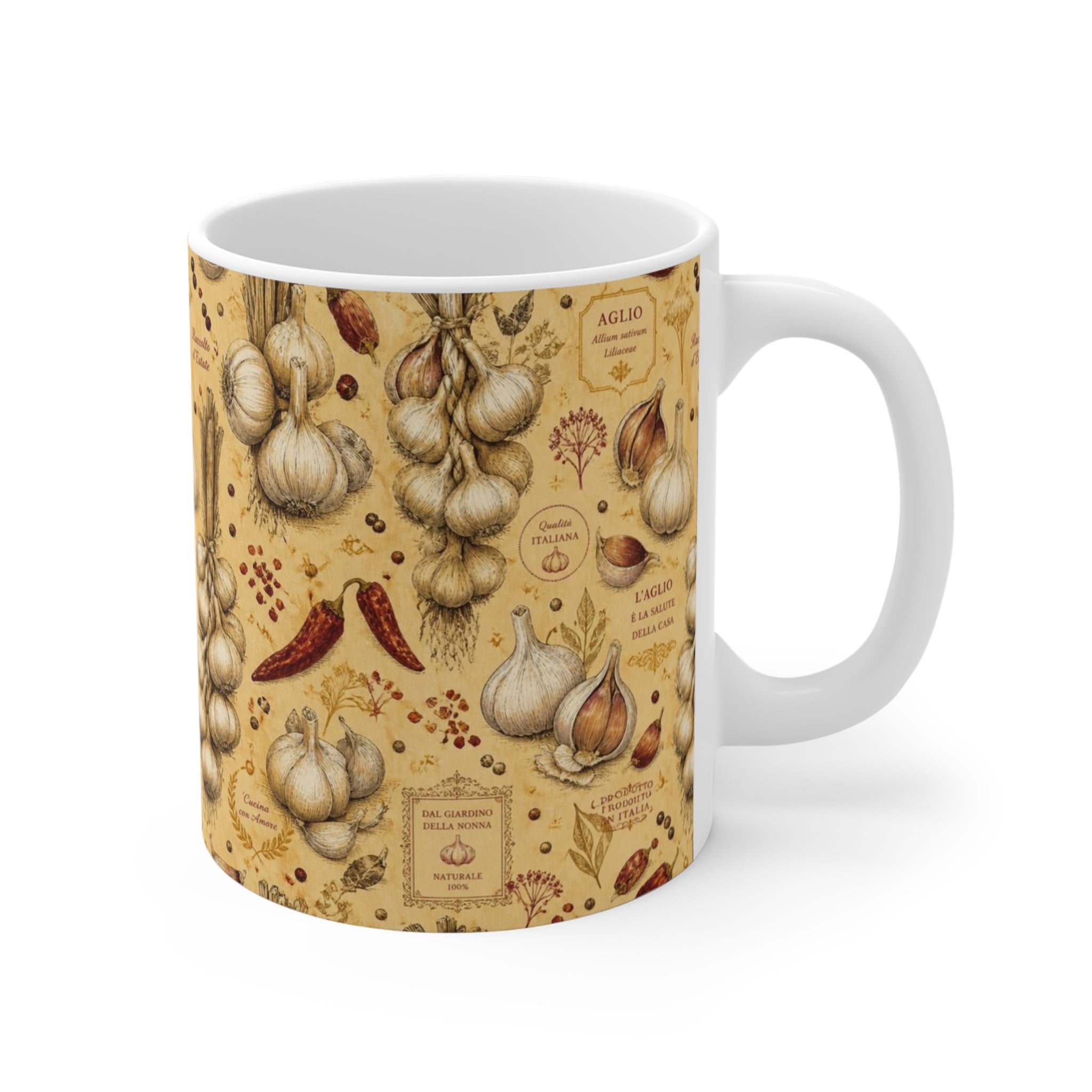 Garlic Bulbs & Cloves 11oz Ceramic Mug Mediterranean Kitchen Botanical Design Italian Cottagecore Gift