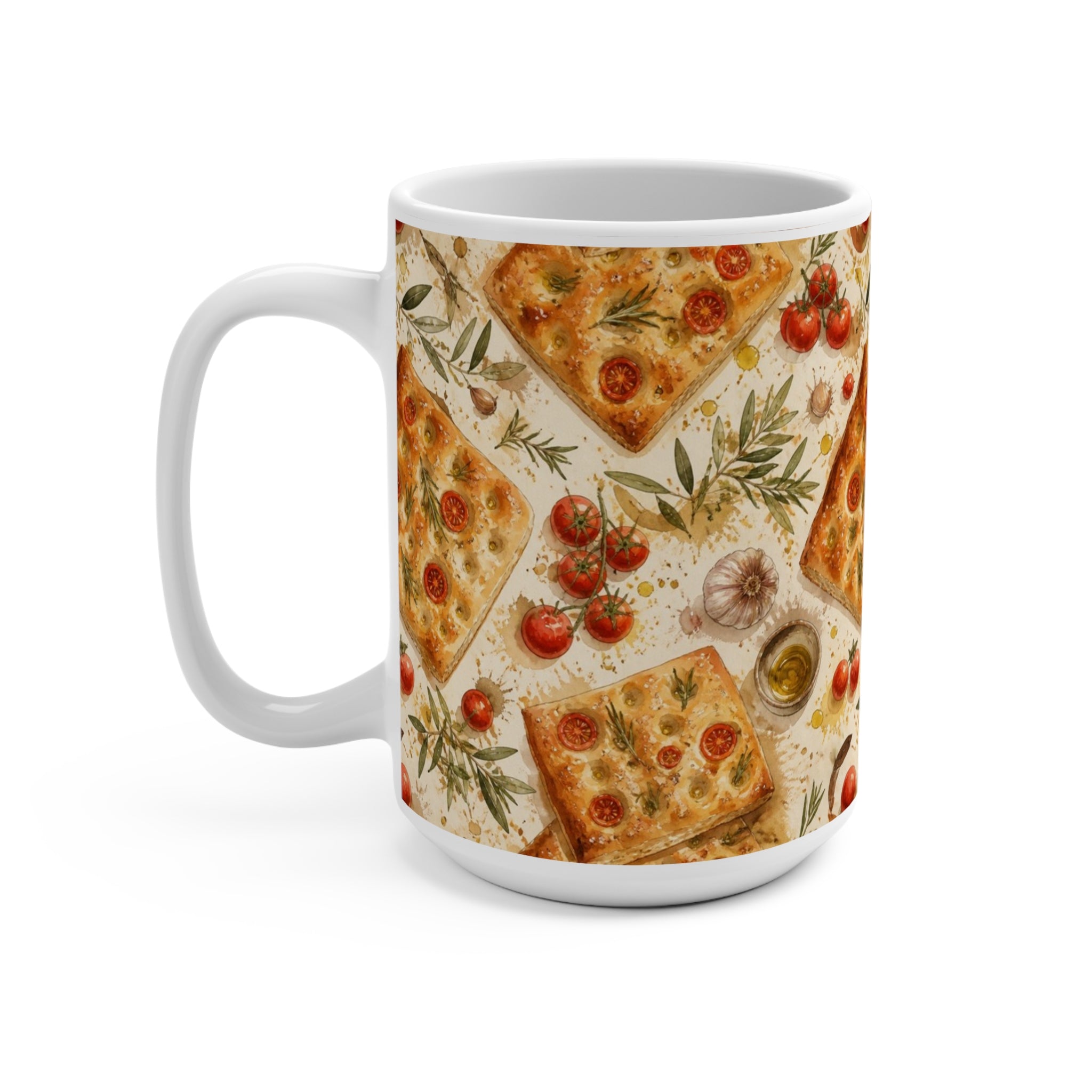 Focaccia Bread 15oz Ceramic Mug Mediterranean Kitchen Watercolor Splash Design Italian Cottagecore Gift