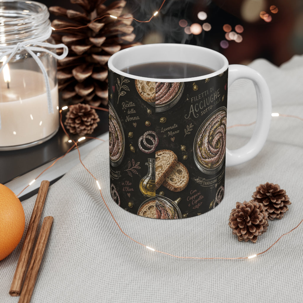 Anchovies & Capers 11oz Ceramic Mug Mediterranean Kitchen Chalk Art Design Italian Cottagecore Gift