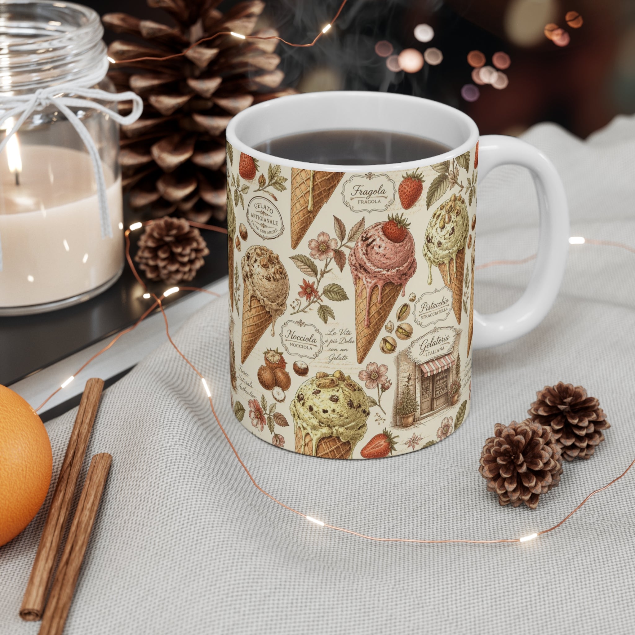 Gelato Scoops 11oz Ceramic Mug Mediterranean Kitchen Botanical Design Italian Cottagecore Gift