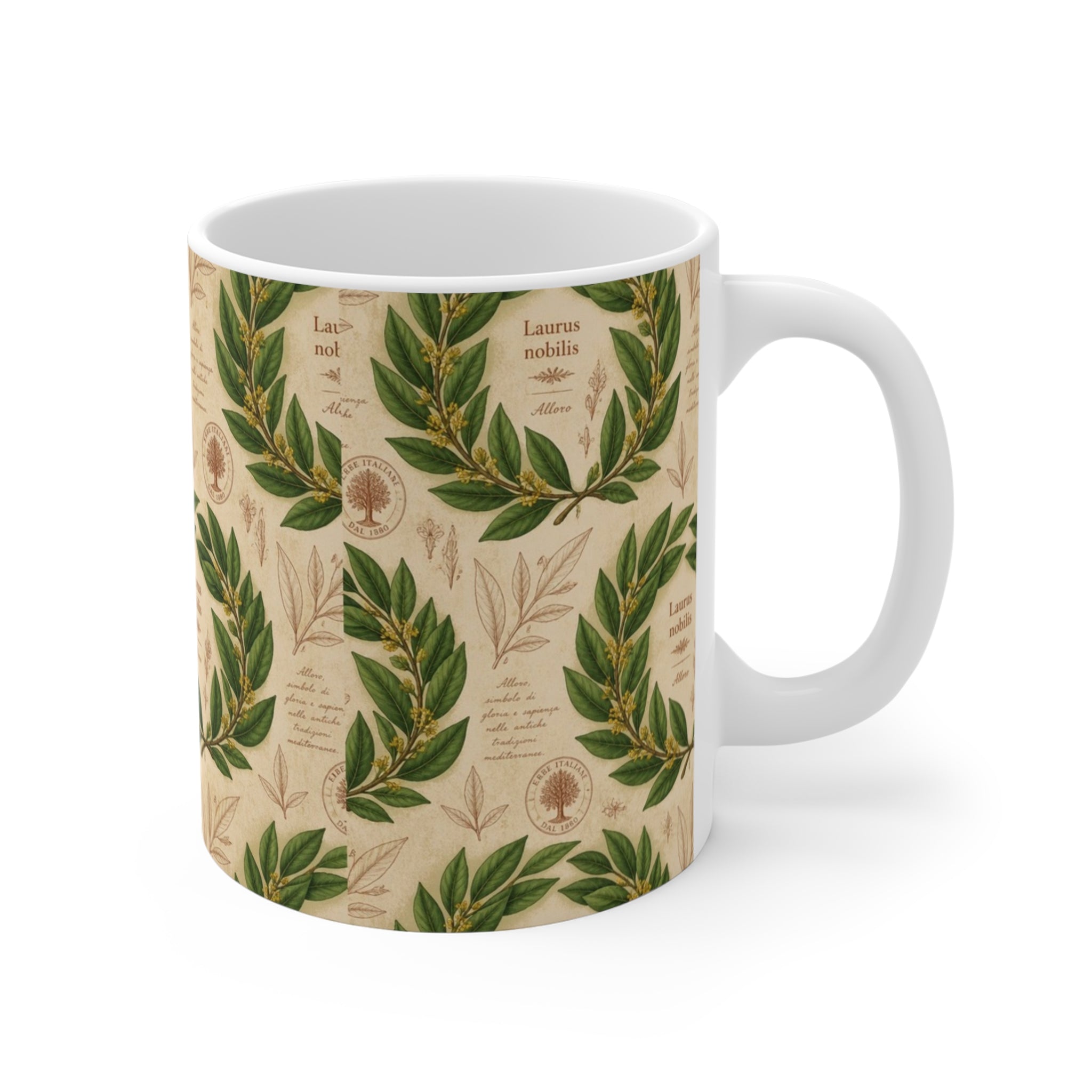Bay Laurel Wreath 11oz Ceramic Mug Mediterranean Kitchen Botanical Design Italian Cottagecore Gift
