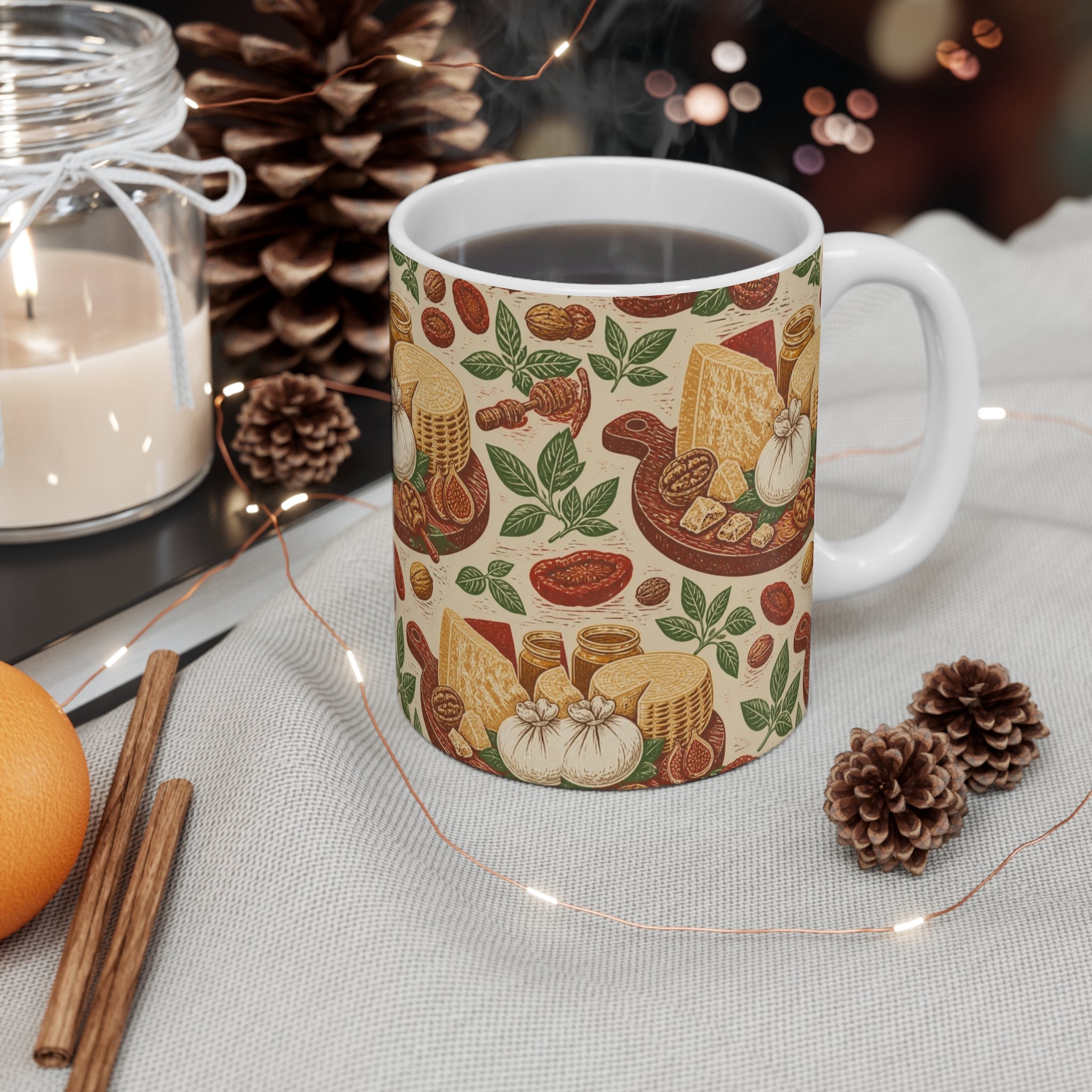 Italian Cheese Board 11oz Ceramic Mug Mediterranean Kitchen Linocut Design Italian Cottagecore Gift