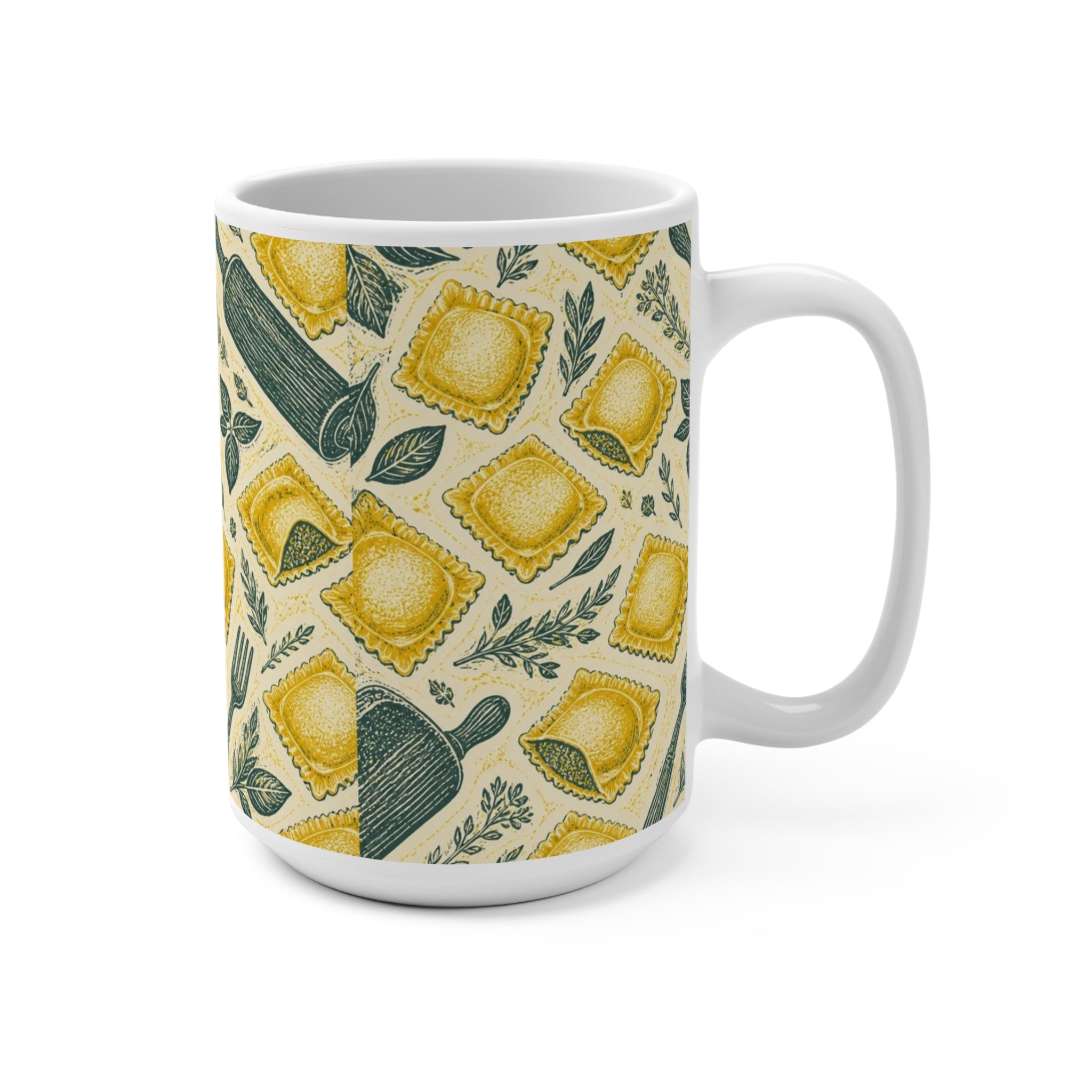 Fresh Ravioli 15oz Ceramic Mug Mediterranean Kitchen Linocut Design Italian Cottagecore Gift