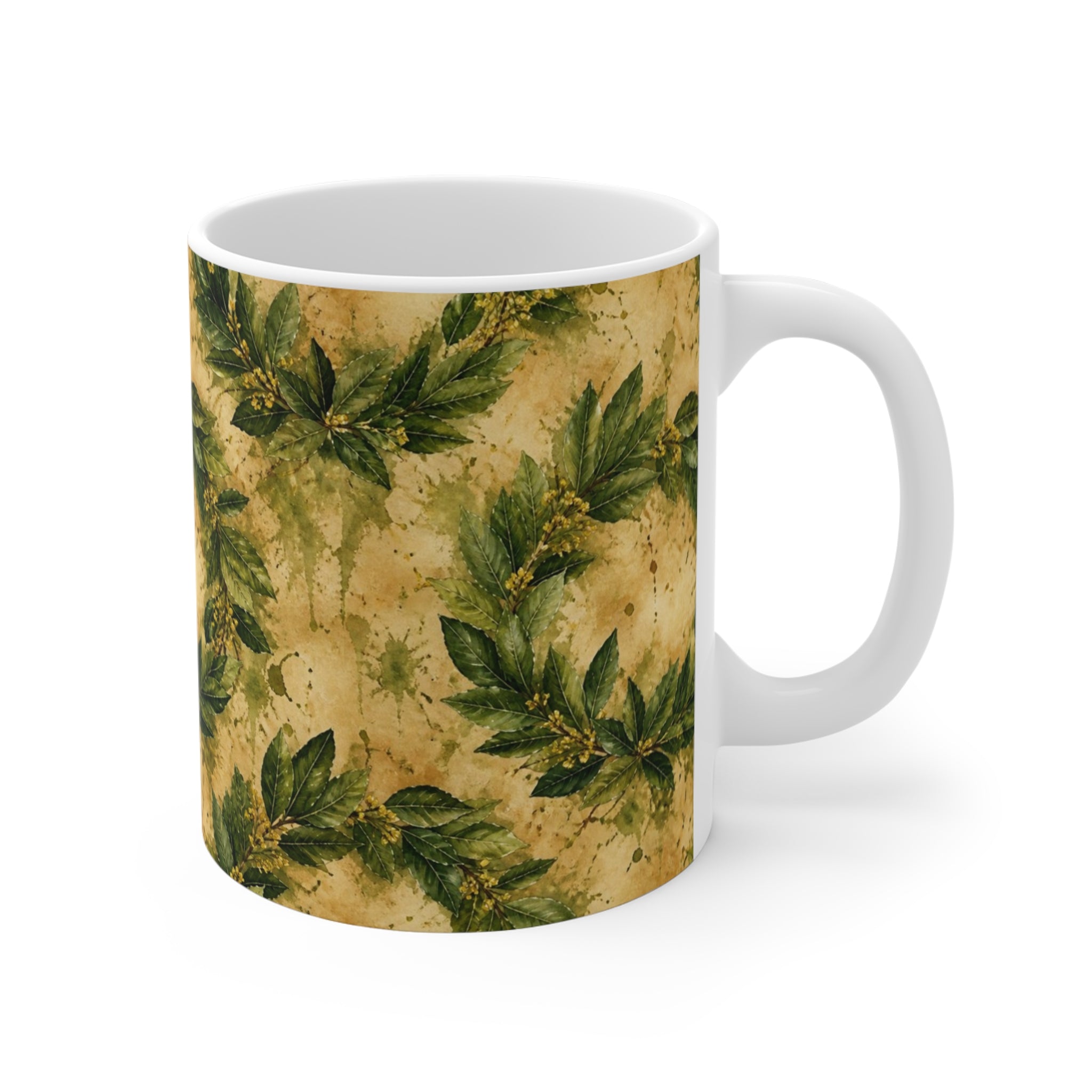 Bay Laurel Wreath 11oz Ceramic Mug Mediterranean Kitchen Watercolor Splash Design Italian Cottagecore Gift