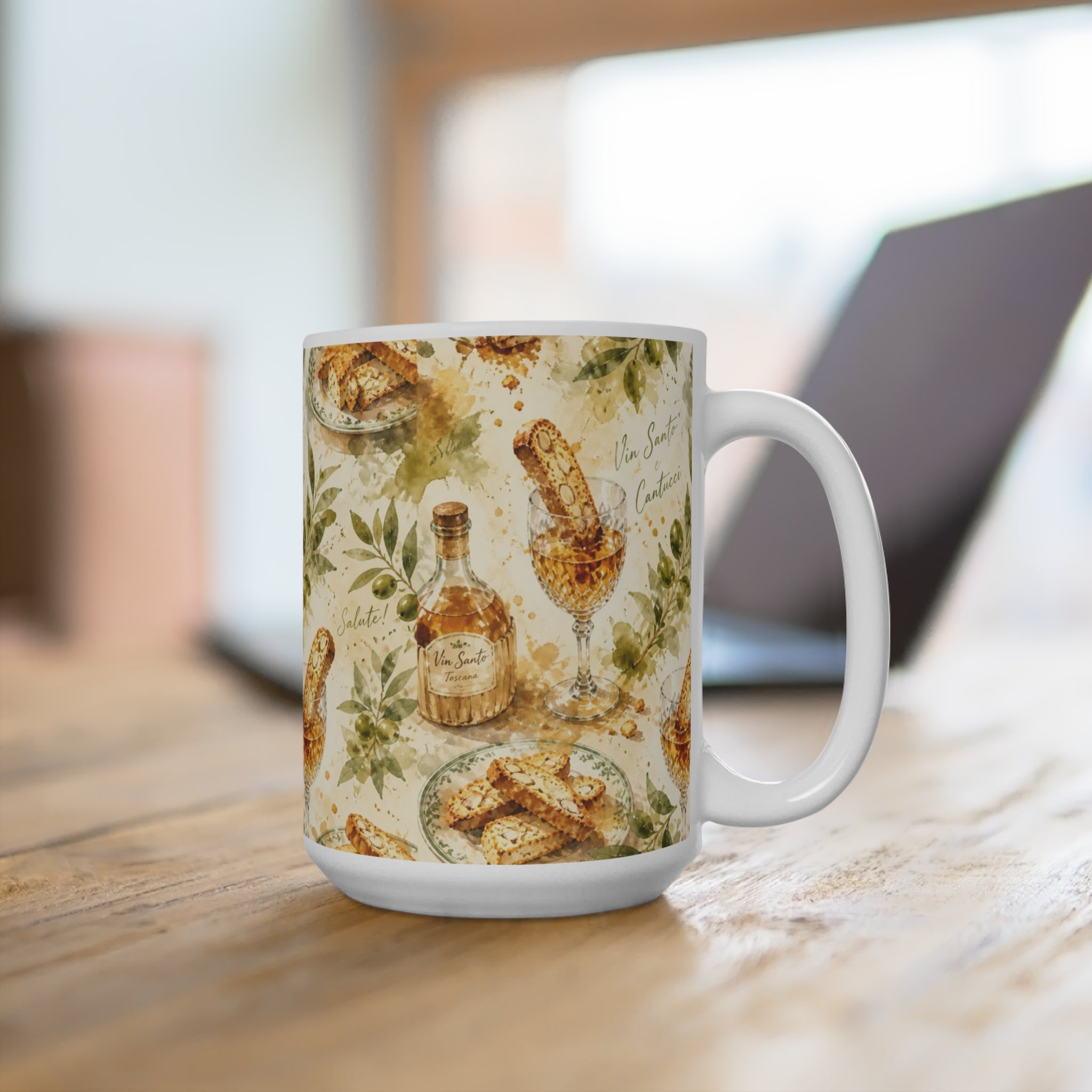 Biscotti & Vin Santo 15oz Ceramic Mug Mediterranean Kitchen Watercolor Splash Design Italian Cottagecore Gift