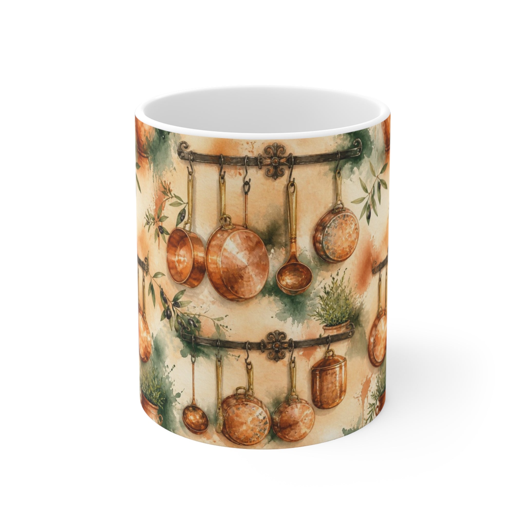 Copper Cookware 11oz Ceramic Mug Mediterranean Kitchen Watercolor Splash Design Italian Cottagecore Gift