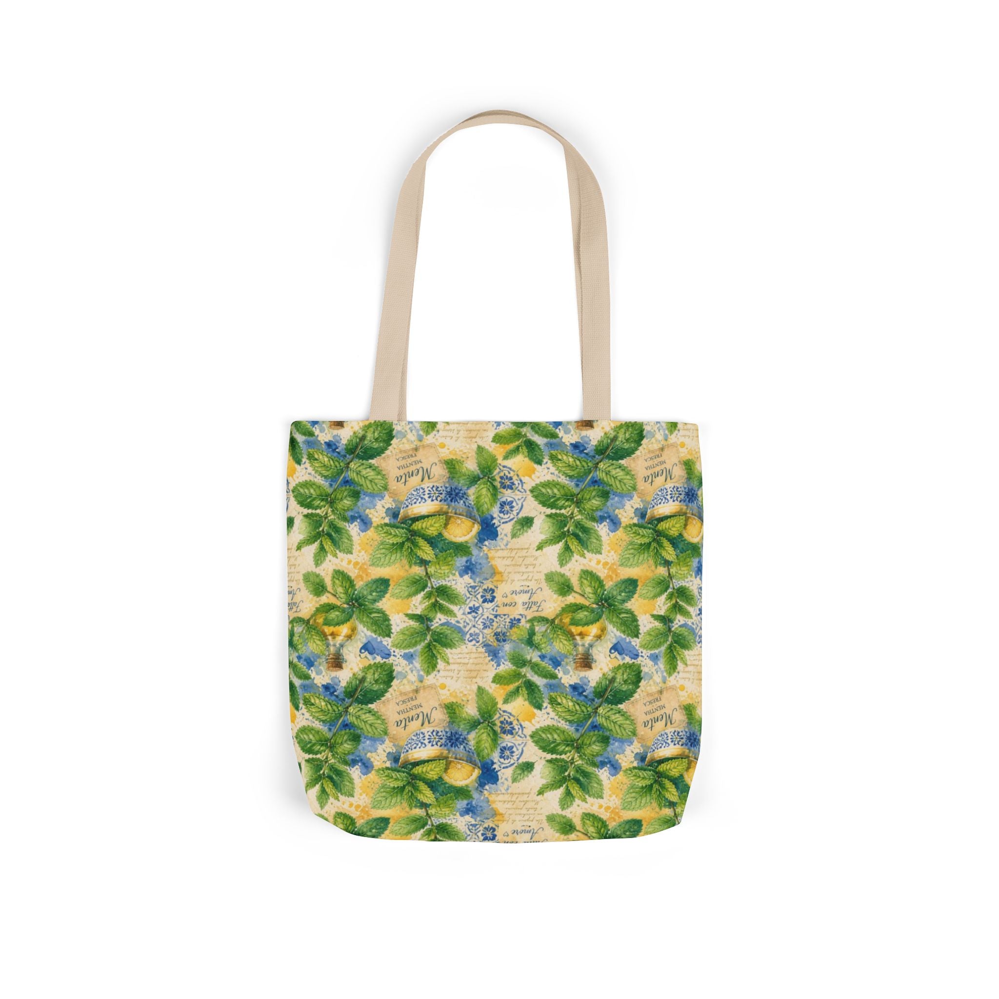 Fresh Mint Leaves Canvas Tote Bag Mediterranean Kitchen Watercolor Splash Design Italian Cottagecore Gift
