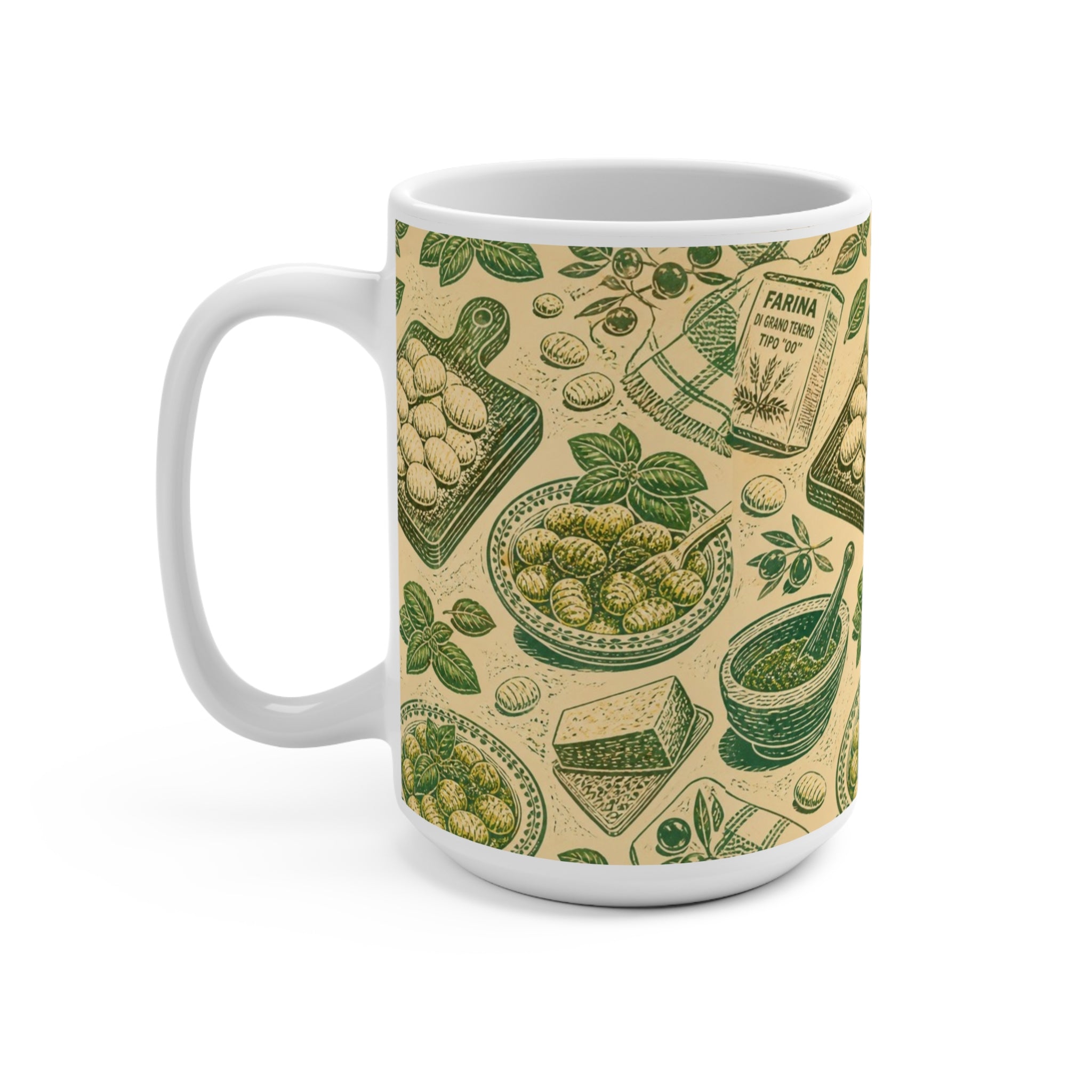 Potato Gnocchi 15oz Ceramic Mug Mediterranean Kitchen Linocut Design Italian Cottagecore Gift