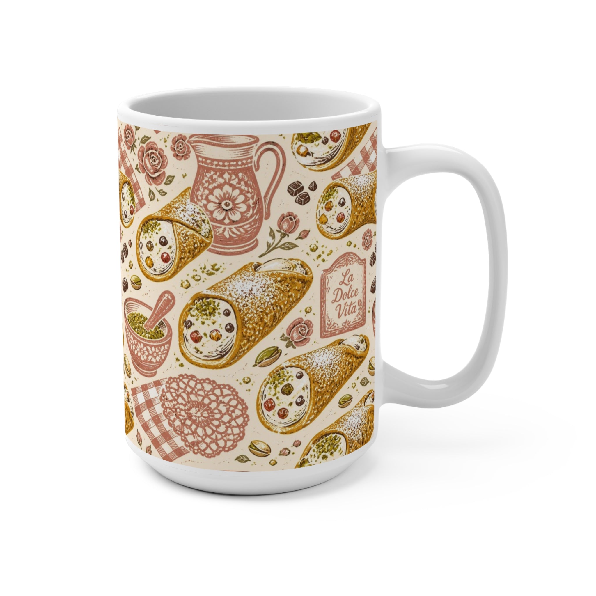 Sicilian Cannoli 15oz Ceramic Mug Mediterranean Kitchen Linocut Design Italian Cottagecore Gift