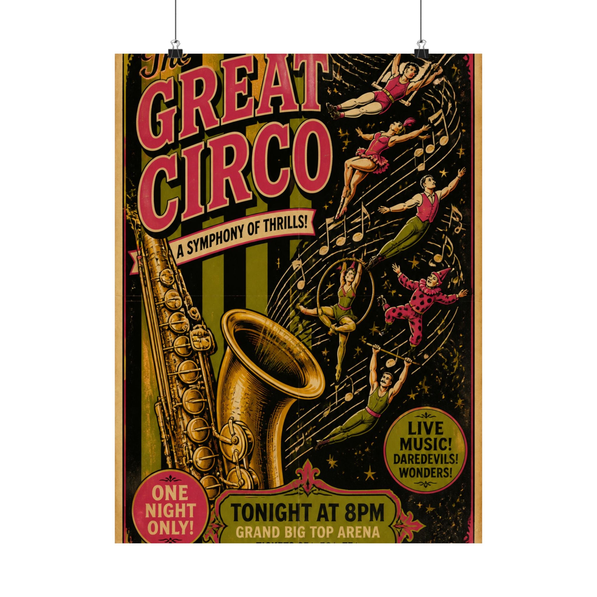 Saxophone Music Circus Wall Art Poster 24×36 Vintage Circus Bedroom Decor Maximalist Print