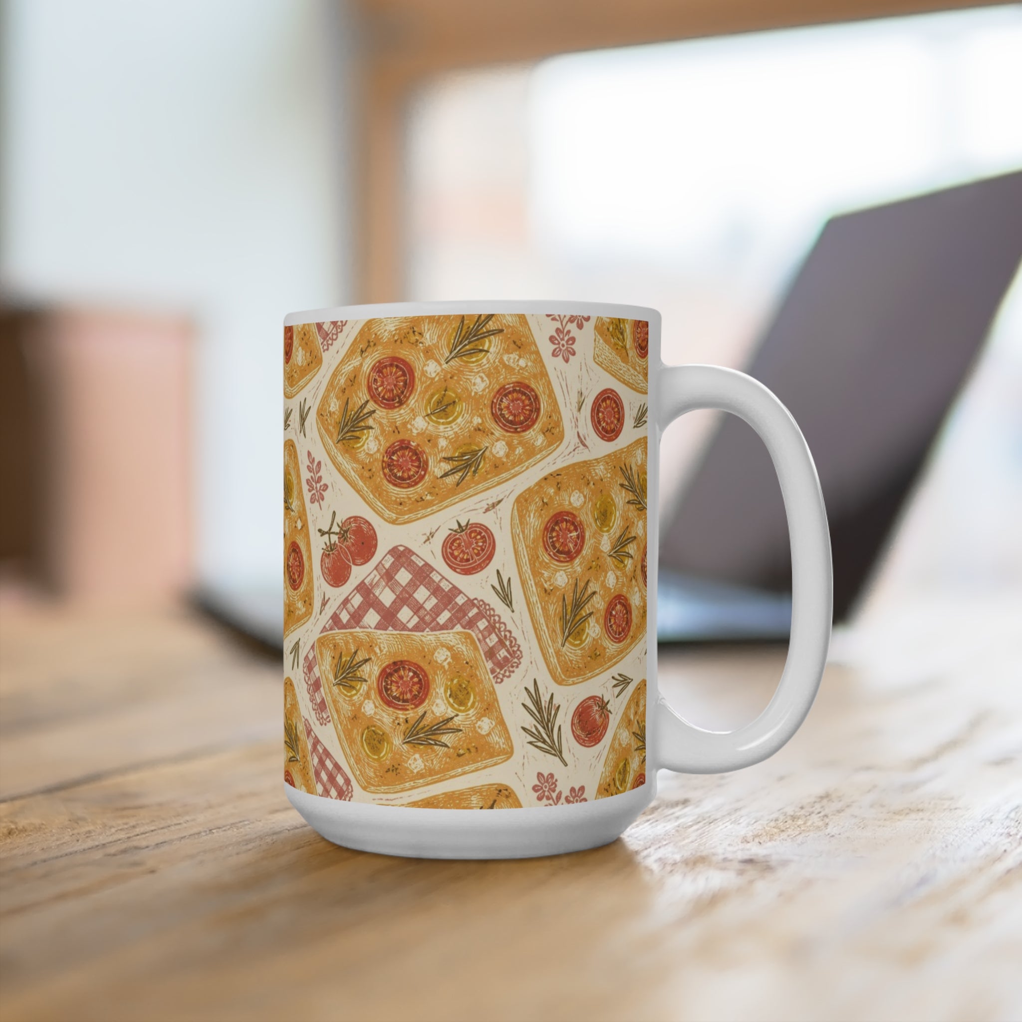 Focaccia Bread 15oz Ceramic Mug Mediterranean Kitchen Linocut Design Italian Cottagecore Gift