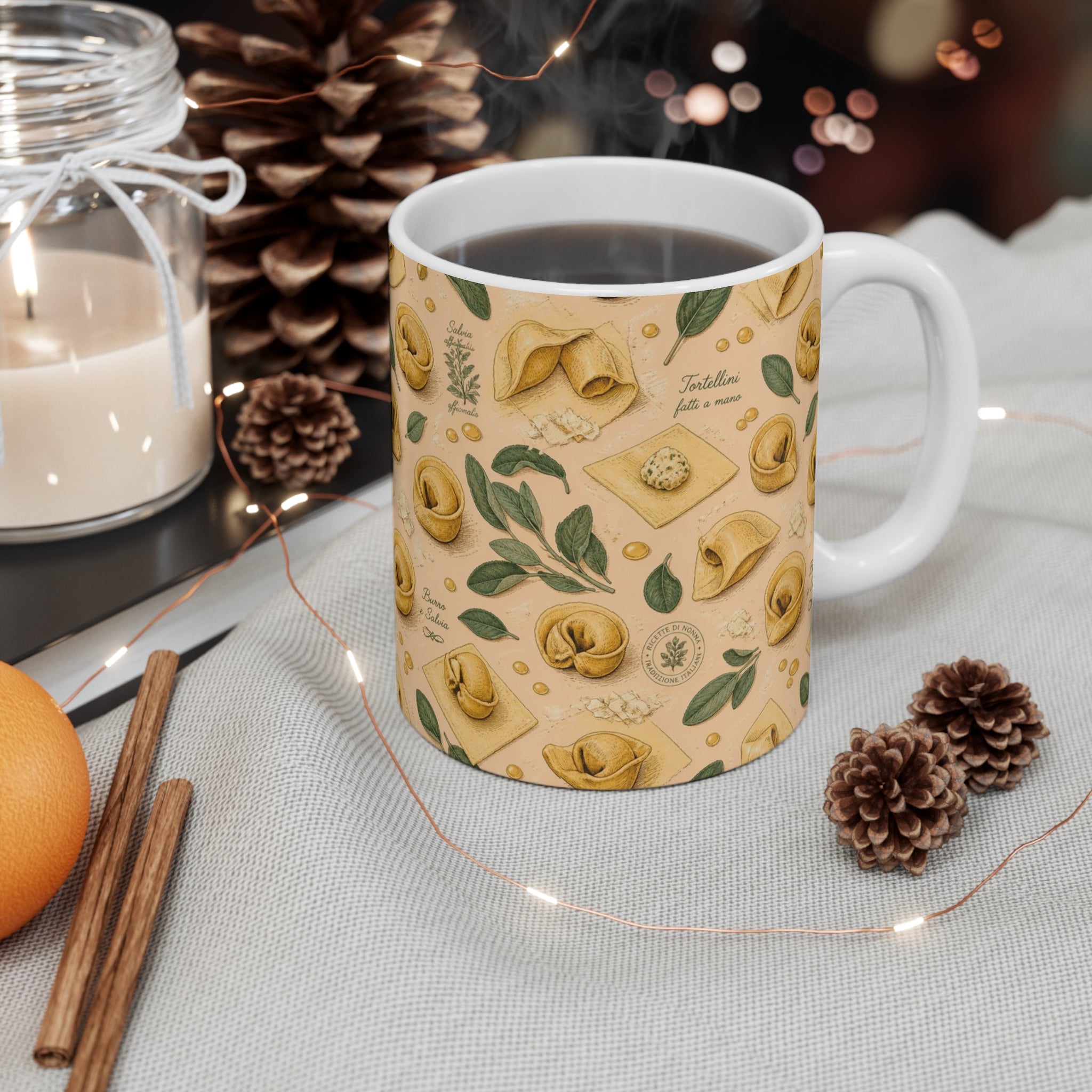 Tortellini with Sage 11oz Ceramic Mug Mediterranean Kitchen Botanical Design Italian Cottagecore Gift