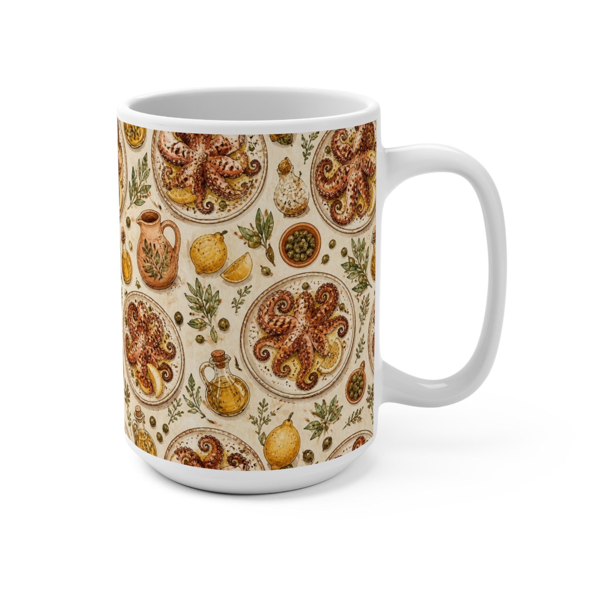 Grilled Octopus 15oz Ceramic Mug Mediterranean Kitchen Watercolor Design Italian Cottagecore Gift
