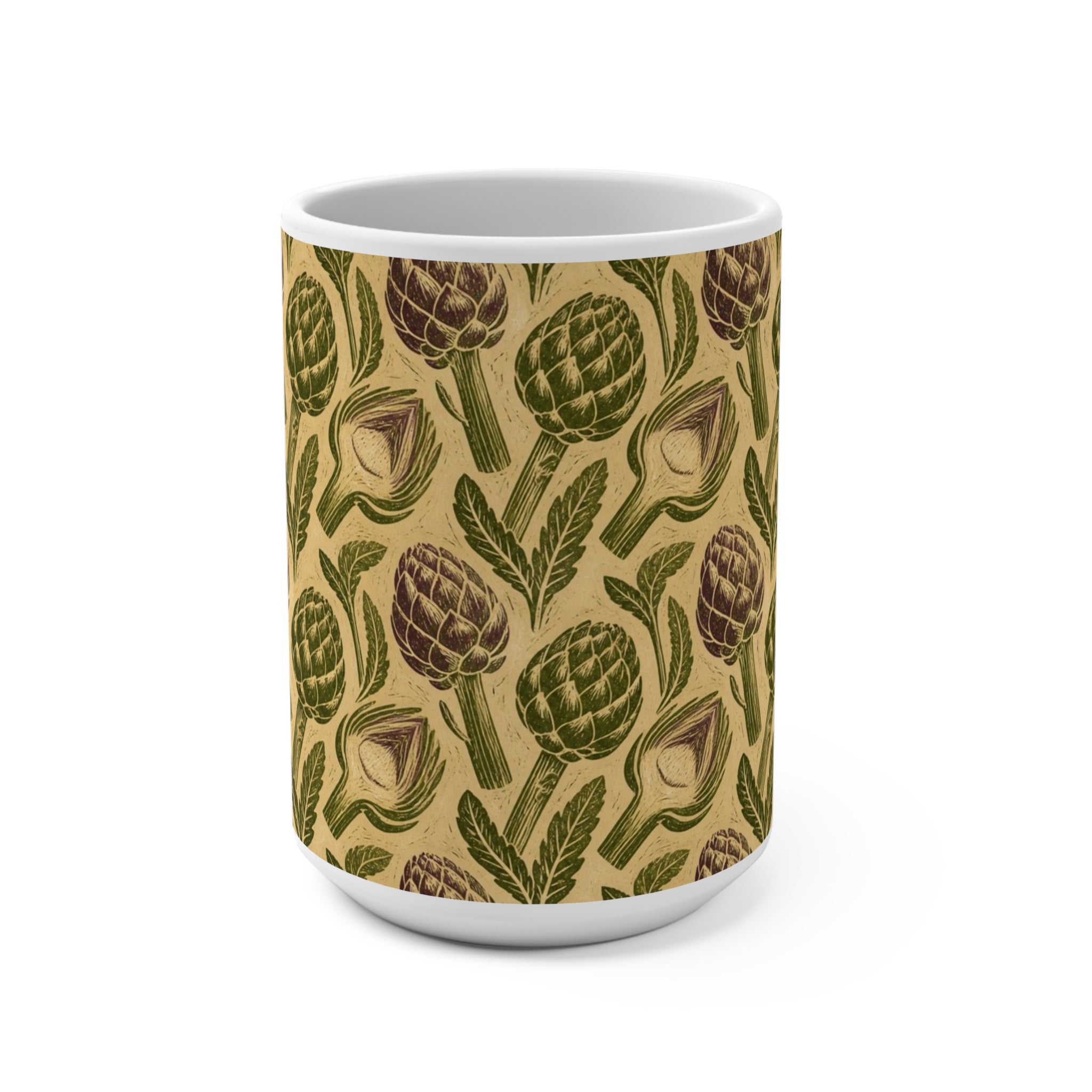 Globe Artichokes 15oz Ceramic Mug Mediterranean Kitchen Linocut Design Italian Cottagecore Gift