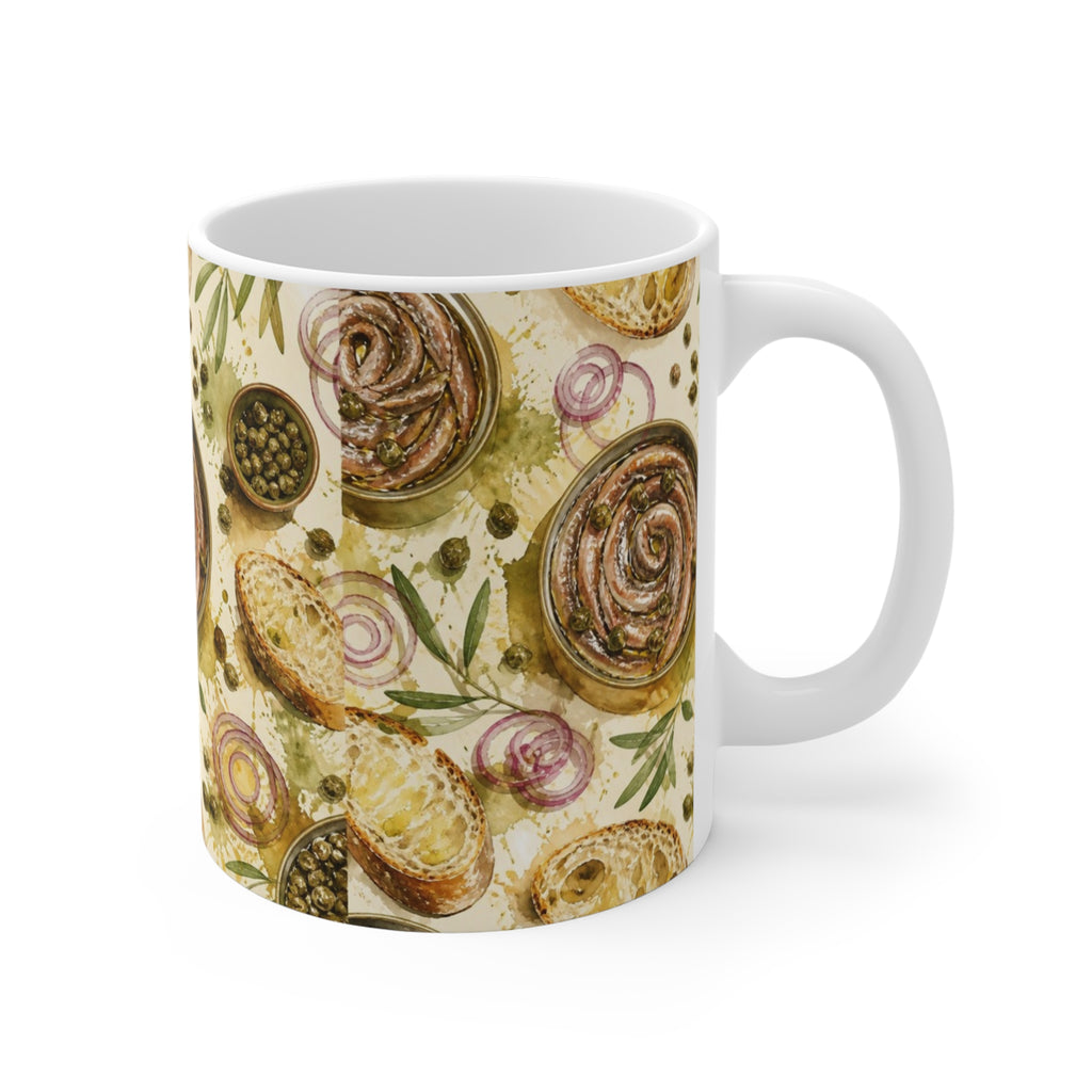 Anchovies & Capers 11oz Ceramic Mug Mediterranean Kitchen Watercolor Splash Design Italian Cottagecore Gift