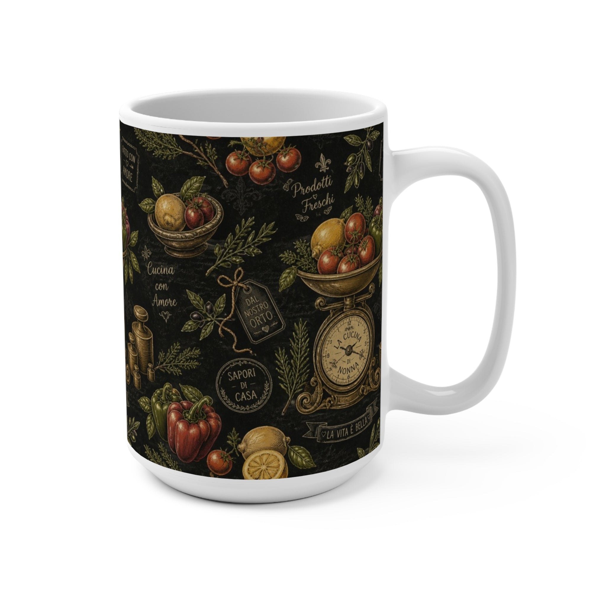 Vintage Kitchen Scale 15oz Ceramic Mug Mediterranean Kitchen Chalk Art Design Italian Cottagecore Gift