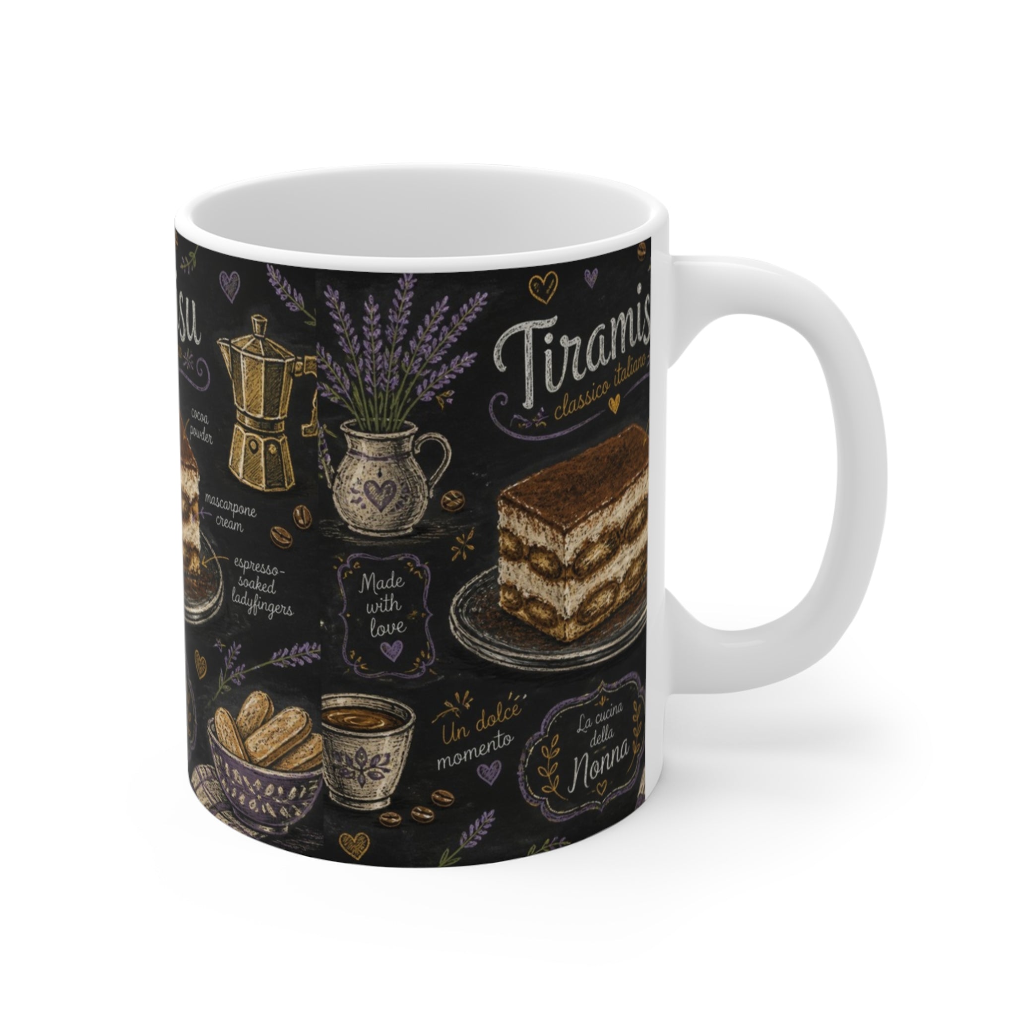 Tiramisu Layers 11oz Ceramic Mug Mediterranean Kitchen Chalk Art Design Italian Cottagecore Gift