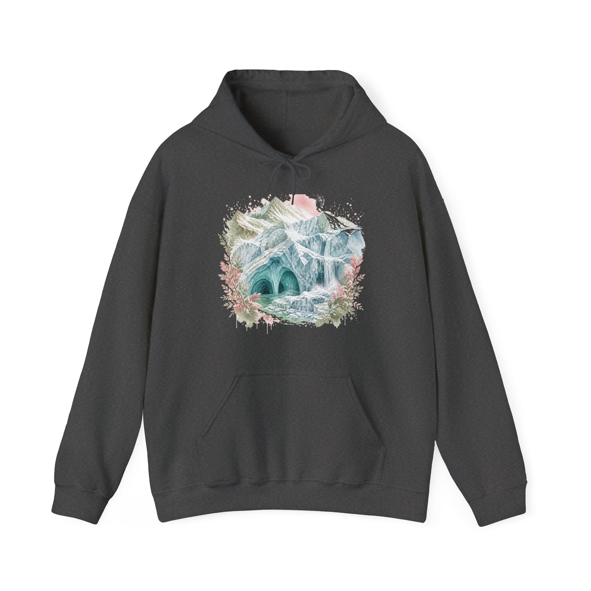 Matching Couple Sweatshirt - Volcano & Glacier Matching Couple Hooded Sweatshirt Watercolor Art His Hers Engagement Gift - Design B