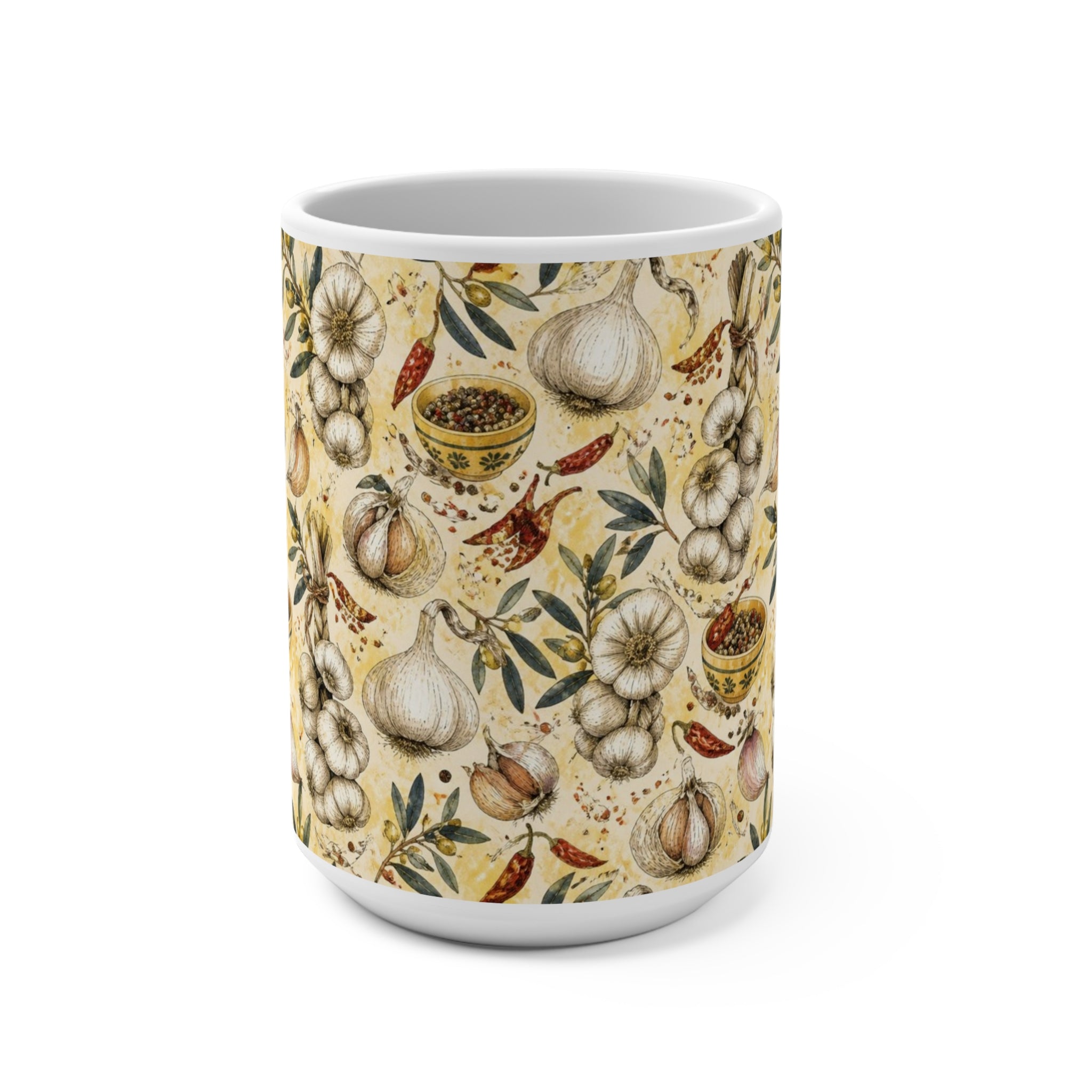 Garlic Bulbs & Cloves 15oz Ceramic Mug Mediterranean Kitchen Watercolor Design Italian Cottagecore Gift