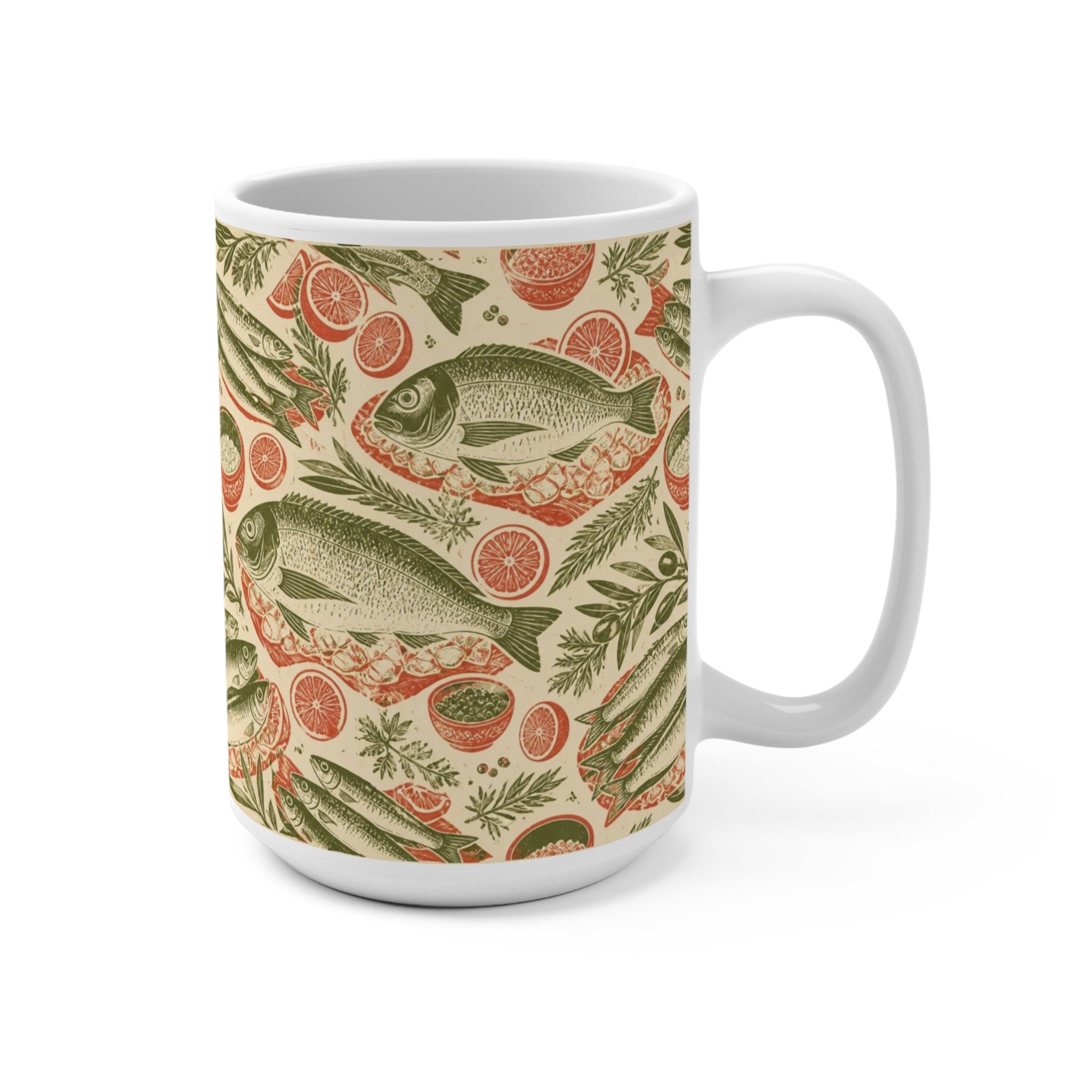 Mediterranean Fish 15oz Ceramic Mug Mediterranean Kitchen Linocut Design Italian Cottagecore Gift