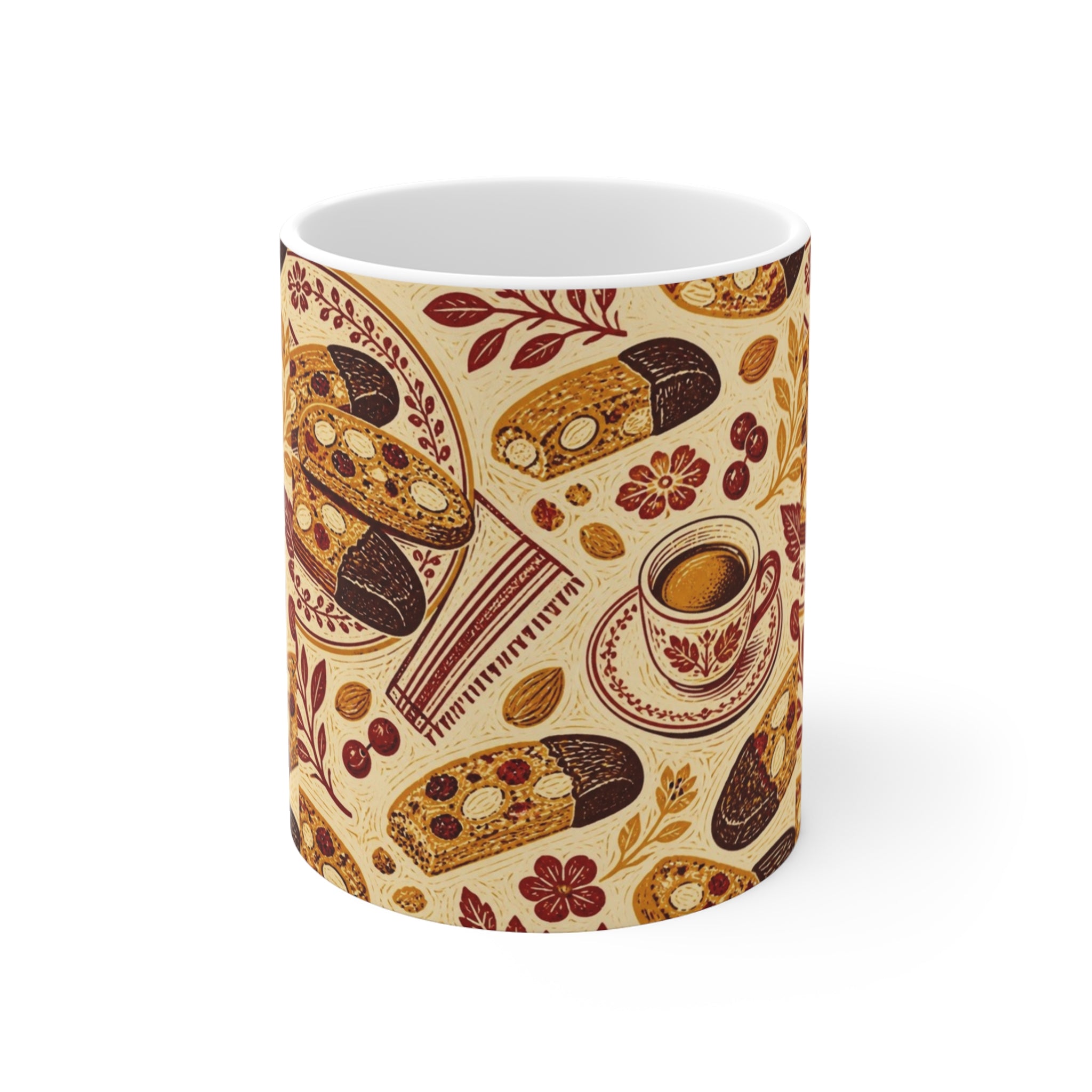 Almond Biscotti 11oz Ceramic Mug Mediterranean Kitchen Linocut Design Italian Cottagecore Gift