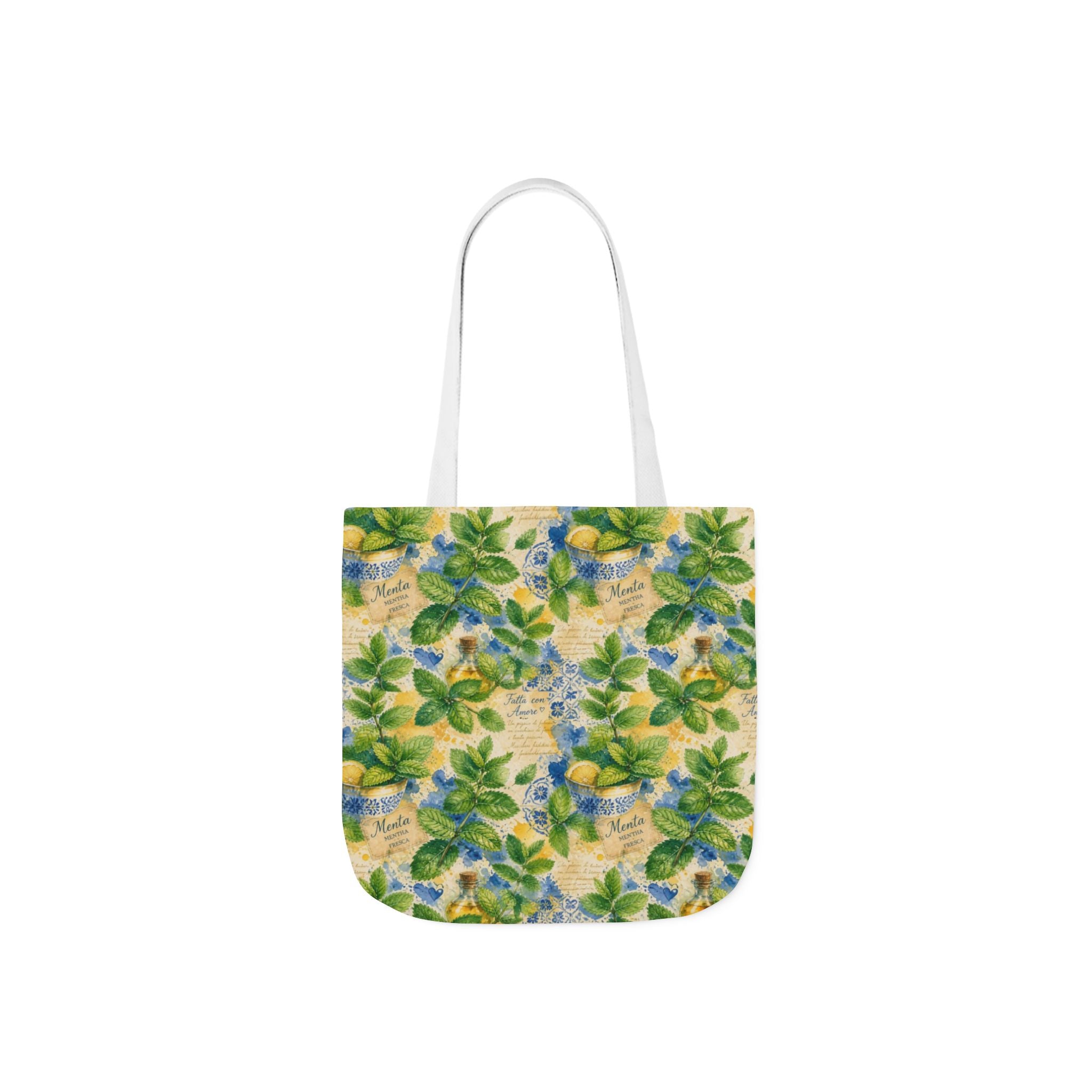 Fresh Mint Leaves Canvas Tote Bag Mediterranean Kitchen Watercolor Splash Design Italian Cottagecore Gift