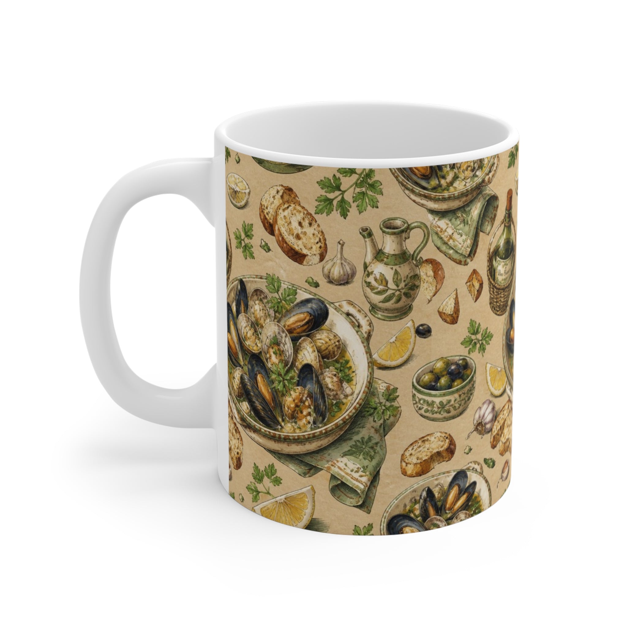 Mussels & Clams 11oz Ceramic Mug Mediterranean Kitchen Watercolor Design Italian Cottagecore Gift
